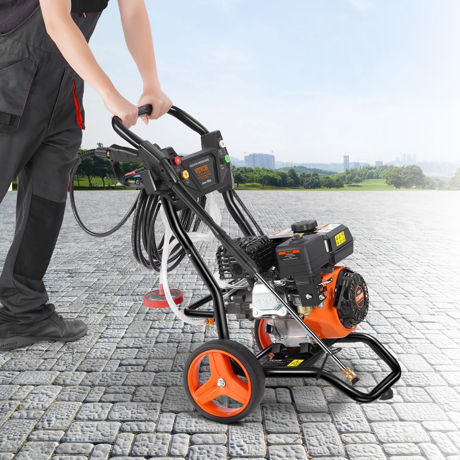 VEVOR Lavadora de Alta Presión a Gas Vertical 3400 PSI 2,6 GPM Limpiador de Alta Presión 10 L/min con Bomba de Aluminio, Pistola Rociadora, Varilla de Extensión, 5 Boquillas para Casas, Vehículos