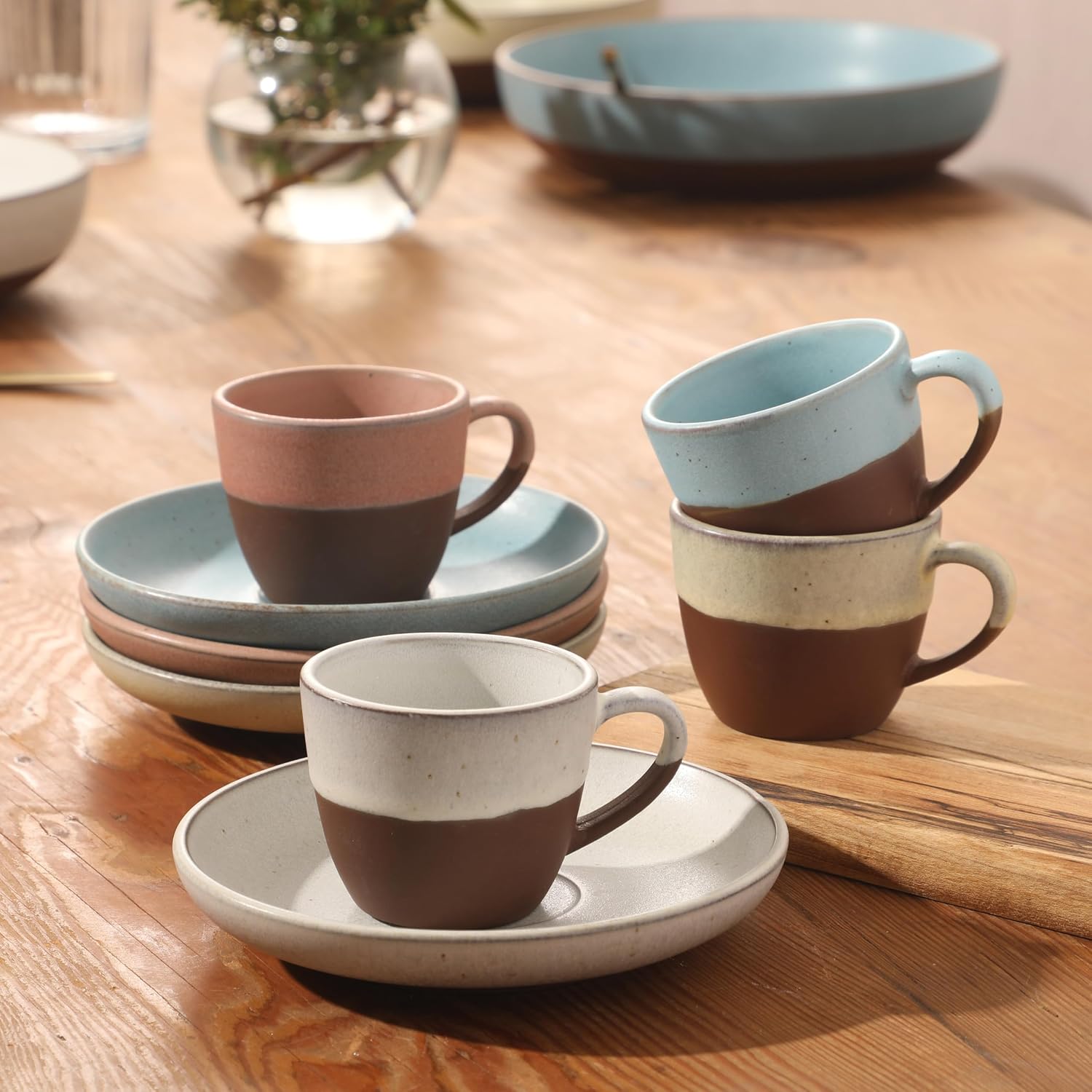Gibson Elite William Crest 8 Piece Cup & Saucer Set, 4 Stoneware Cups & 4 Saucers, Reactive Glaze Finish, 3.5oz Espresso Cups, 5.5” Saucers, Microwave & Dishwasher Safe - Assorted Colors