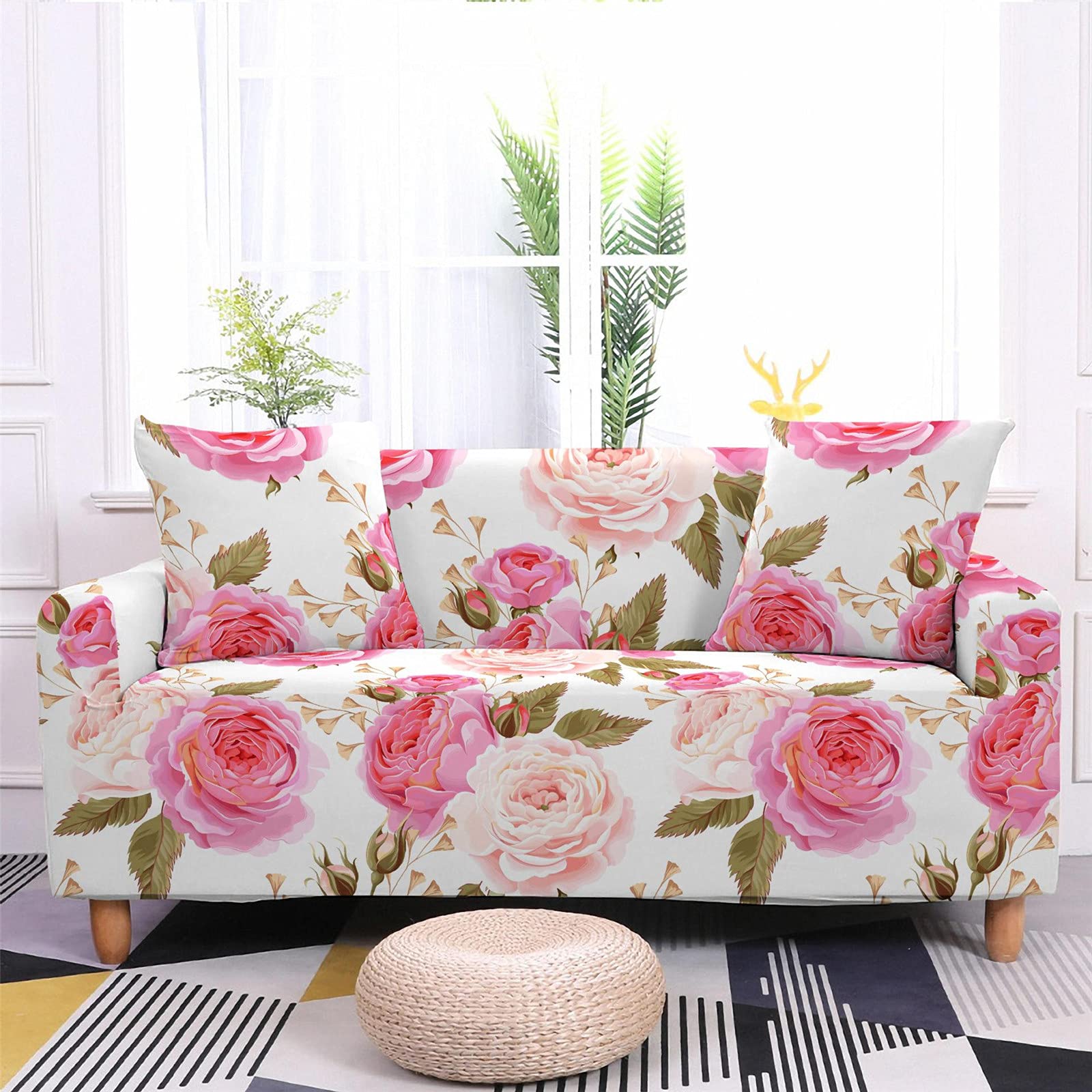 Surwin Copridivano Elasticizzato 1 2 3 4 Posti, Moda Stampa Elastico Universale Copridivani con Braccioli Fodera per Divano Antiscivolo Sofa Protettore (Rosa Rossa,3 posti - 190-230cm