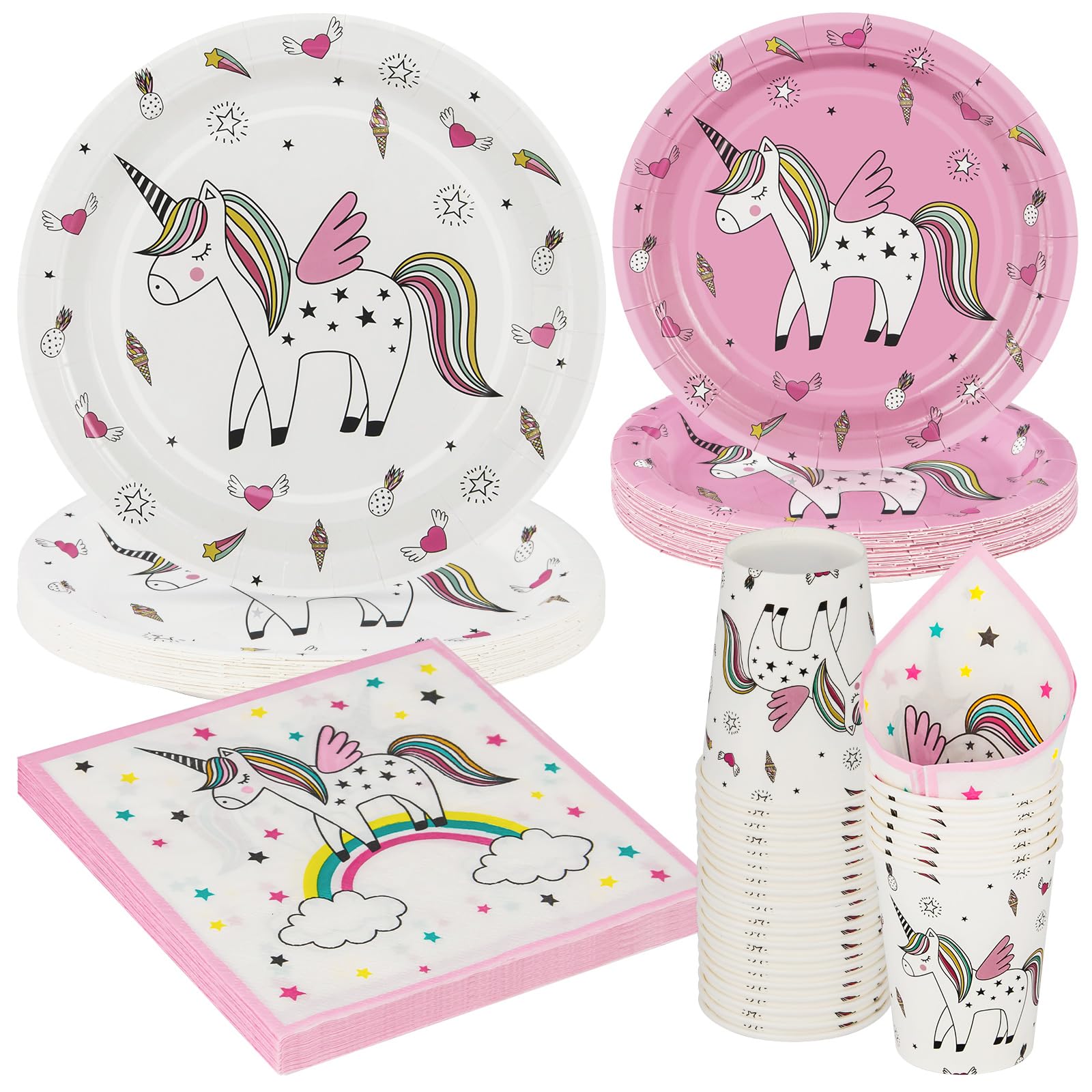 PARTY GO Eenhoorn serviesset - regenboogaccessoires voor meisjes, pakket met diner, dessertborden, kopjes, servetten voor 24 gasten (96 stuks