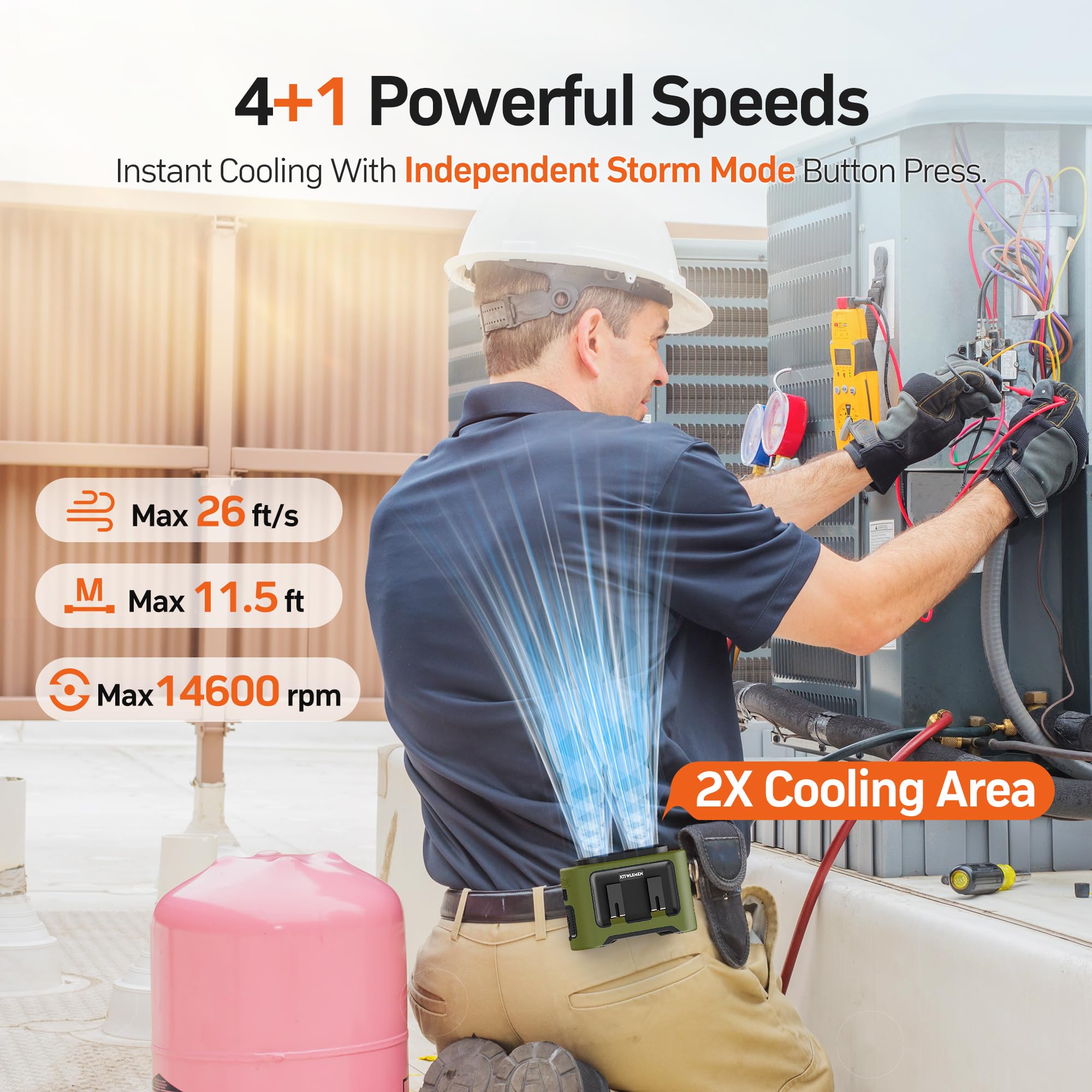 KITWLEMEN Ventilador de cintura portátil de 14500 mAh, ventilador de cinturón con clip personal, salida de aire doble, refrigeración de 5 velocidades de 35 horas, funciona con batería recargable