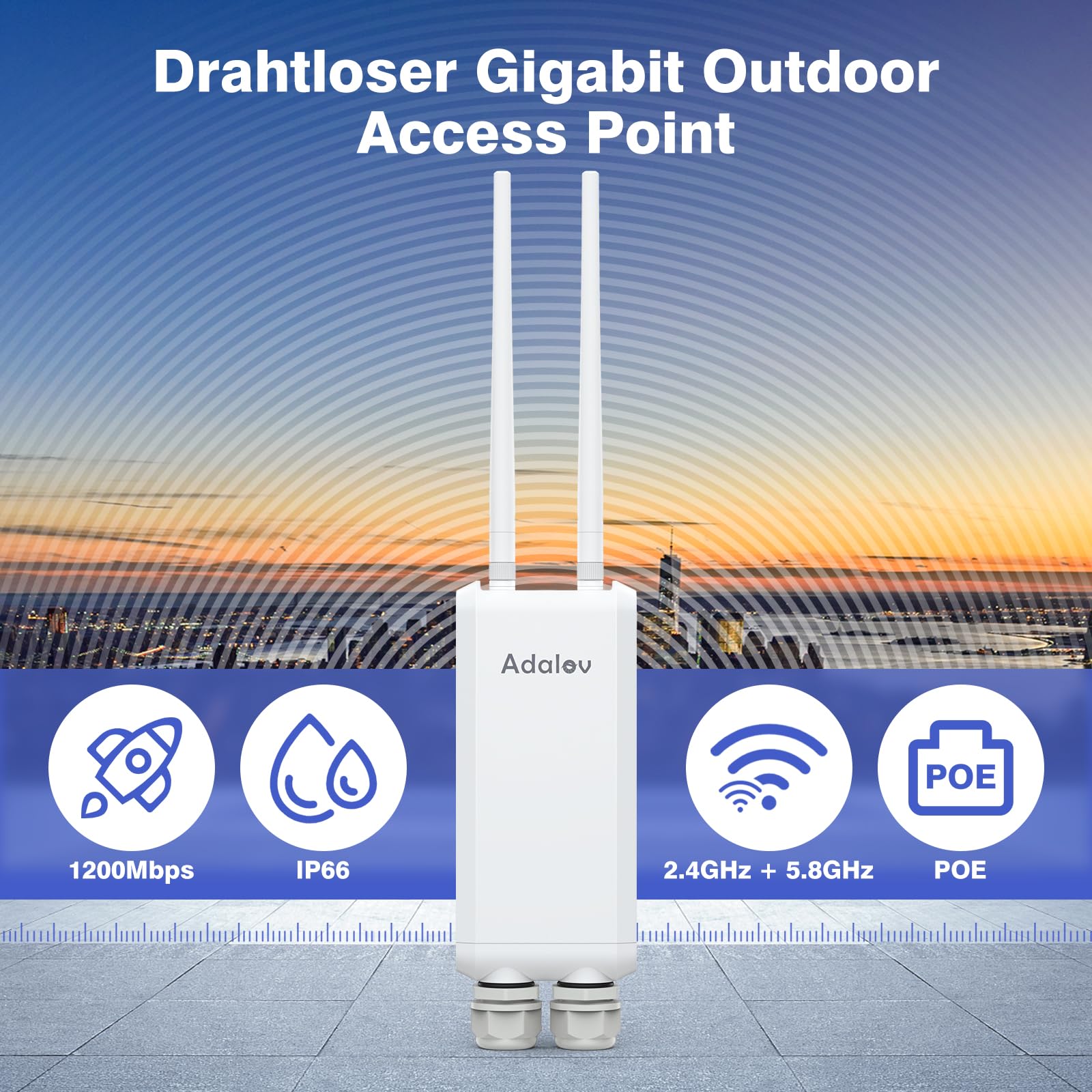 AdaLov Gigabit Outdoor WLAN Access Point 1200 Mbit/s Dualband 2,4/5,8 GHz IP66 wasserdicht 48V PoE