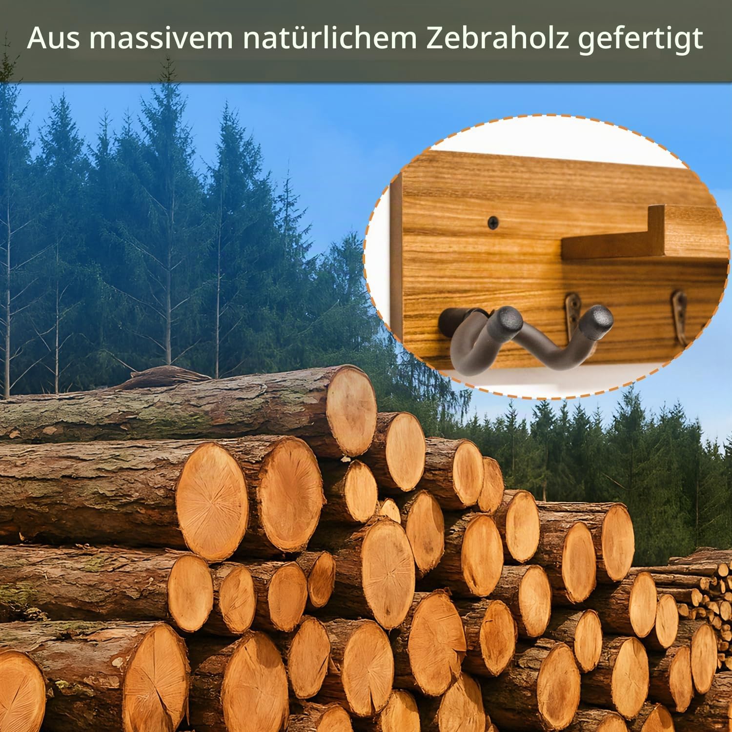 Gitarrenwandhalterung,Massivholz, Gitarrenwandaufhänger mit 3 Aufbewahrungshaken und 2 drehbaren Gummi Gitarrenaufhängern,Gitarrenständer mit Ablage und Plektrum Halter