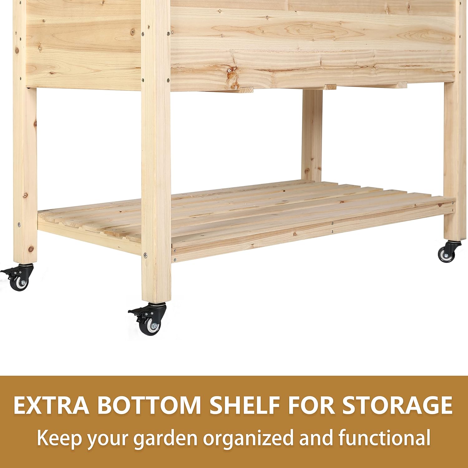 Raised Garden Bed, Elevated Wood Planter with Legs, 47X22X33 Inch, Raised Garden Boxes w/Wheels and Storage Shelf for Outdoor, Vegetable and Herb