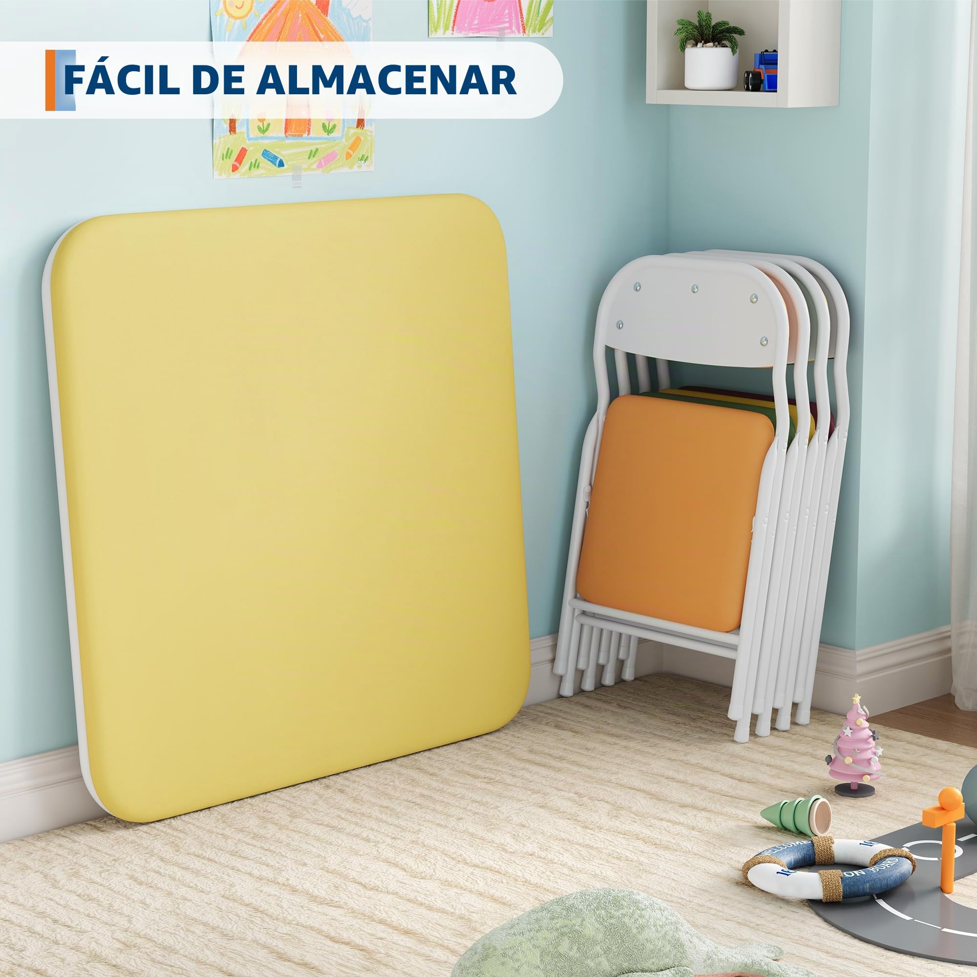 Mesa infantil plegable con 4 sillas, conjunto de mesa y silla infantil para jardín de niños, mesa de actividades para comedor, guardería, aula, colorido