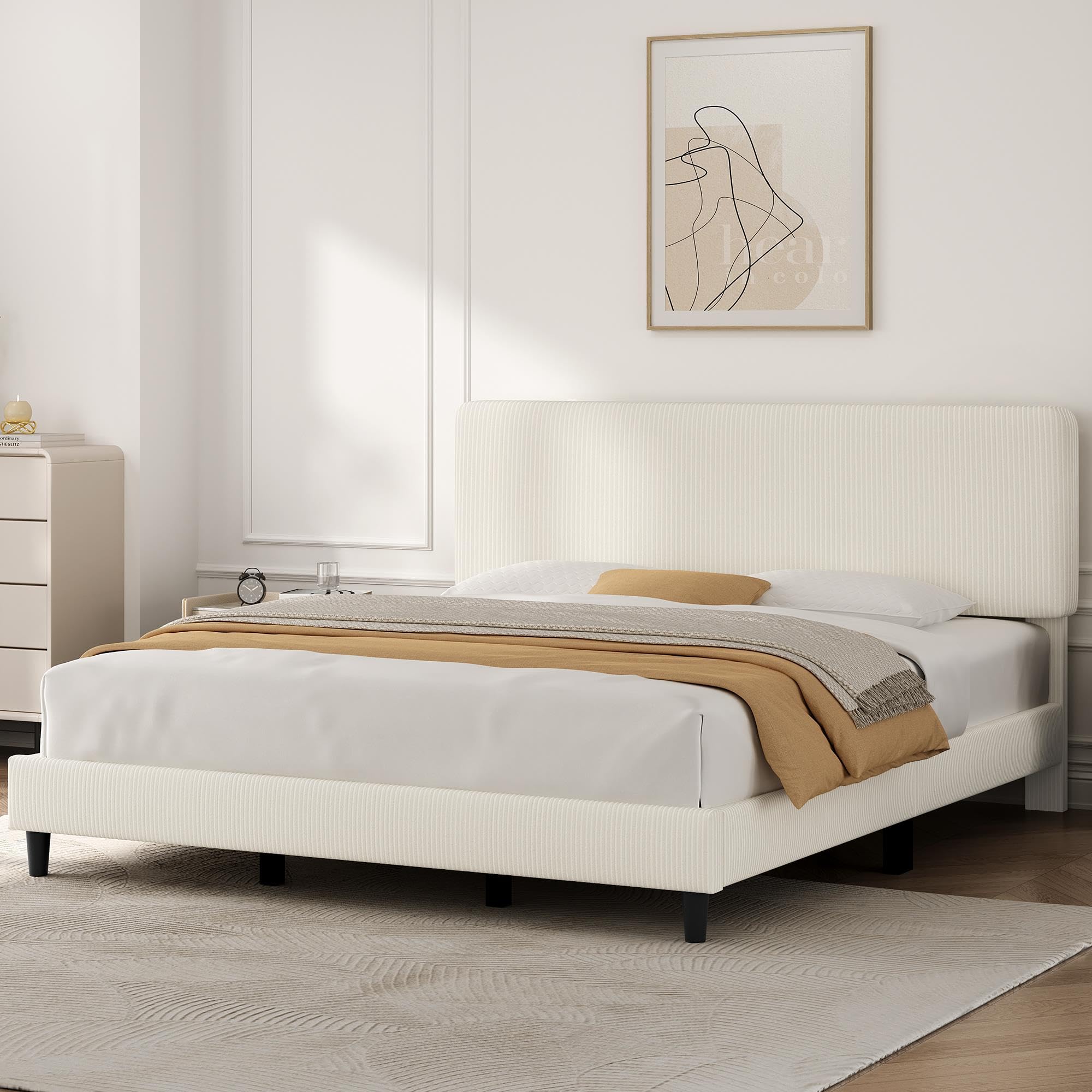 Condition photo showing New/Like New for yaheetech king bed frame, adjustable chenille upholstered headboard, beige | soft channel-tufted chenille headboard offers comfy support; no box spring needed on sturdy platform for quiet, modern sleep.