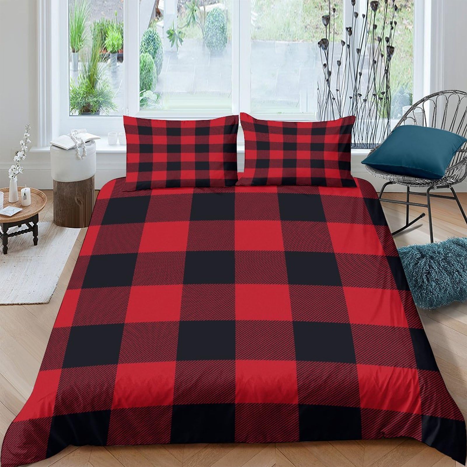 GPLZQXKJNH 3D Printed Red Black Plaid Duvet Cover Microfiber Soft Breathable Buffalo Check Bedding Set with 2 Pillowcases for Bedroom Decor Single（135x200cm）
