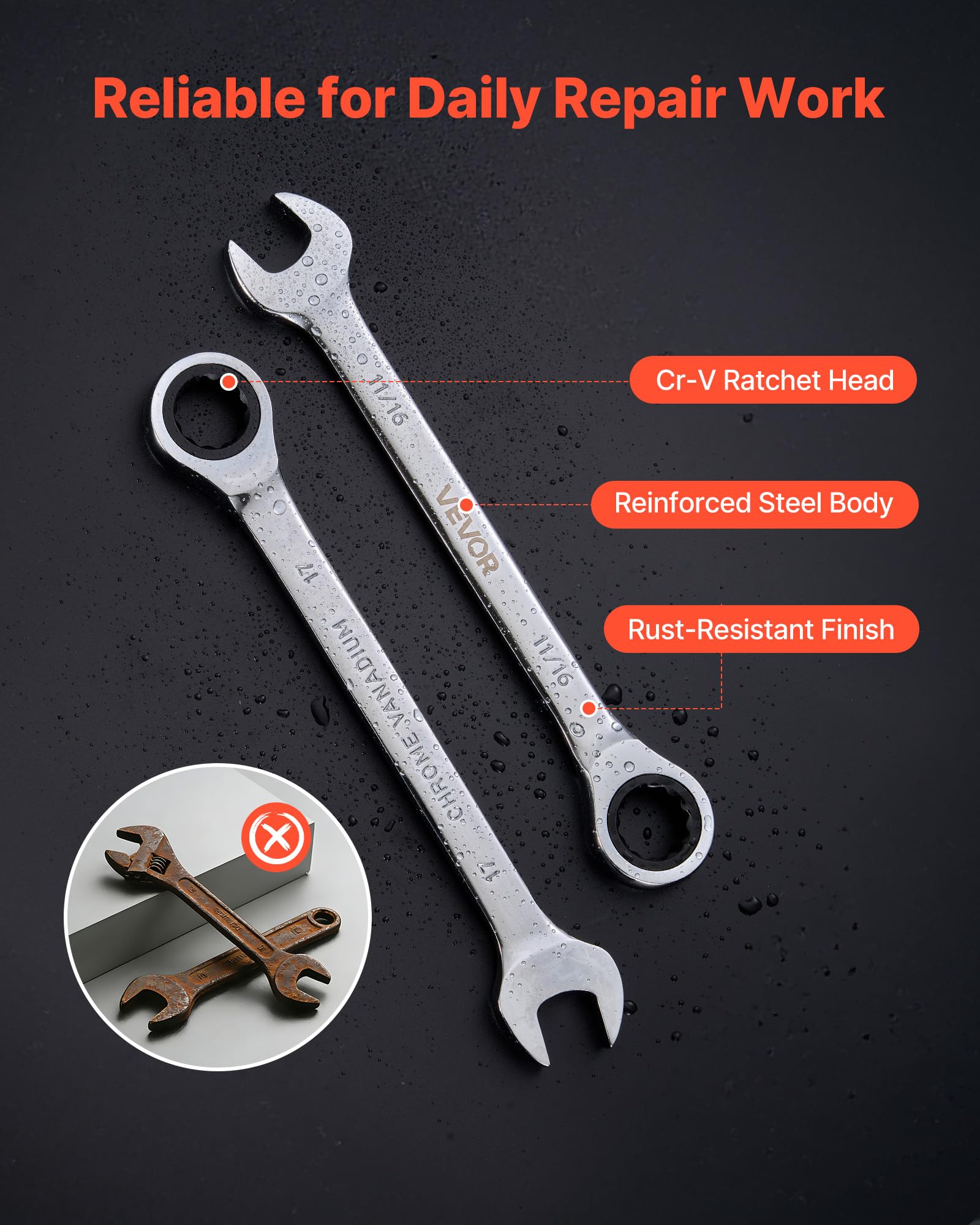 VEVOR Juego de Llaves de Trinquete 26 Unidades, Llaves Combinadas con Carraca, Métrica de 6-19 mm y SAE de 1/4 ''-7/8 '', con Organizador, para Bricolaje Hogar Reparaciones de Automóvil, Plateado