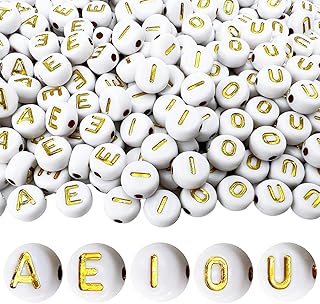 MIIIM 1000pcs Vowel Pony Letter Beads for Keychains Making (A, E, I, O, U), 4x7mm Round Letter Beads for Bracelets Making, Alphabets, Numbers (White and Golden)