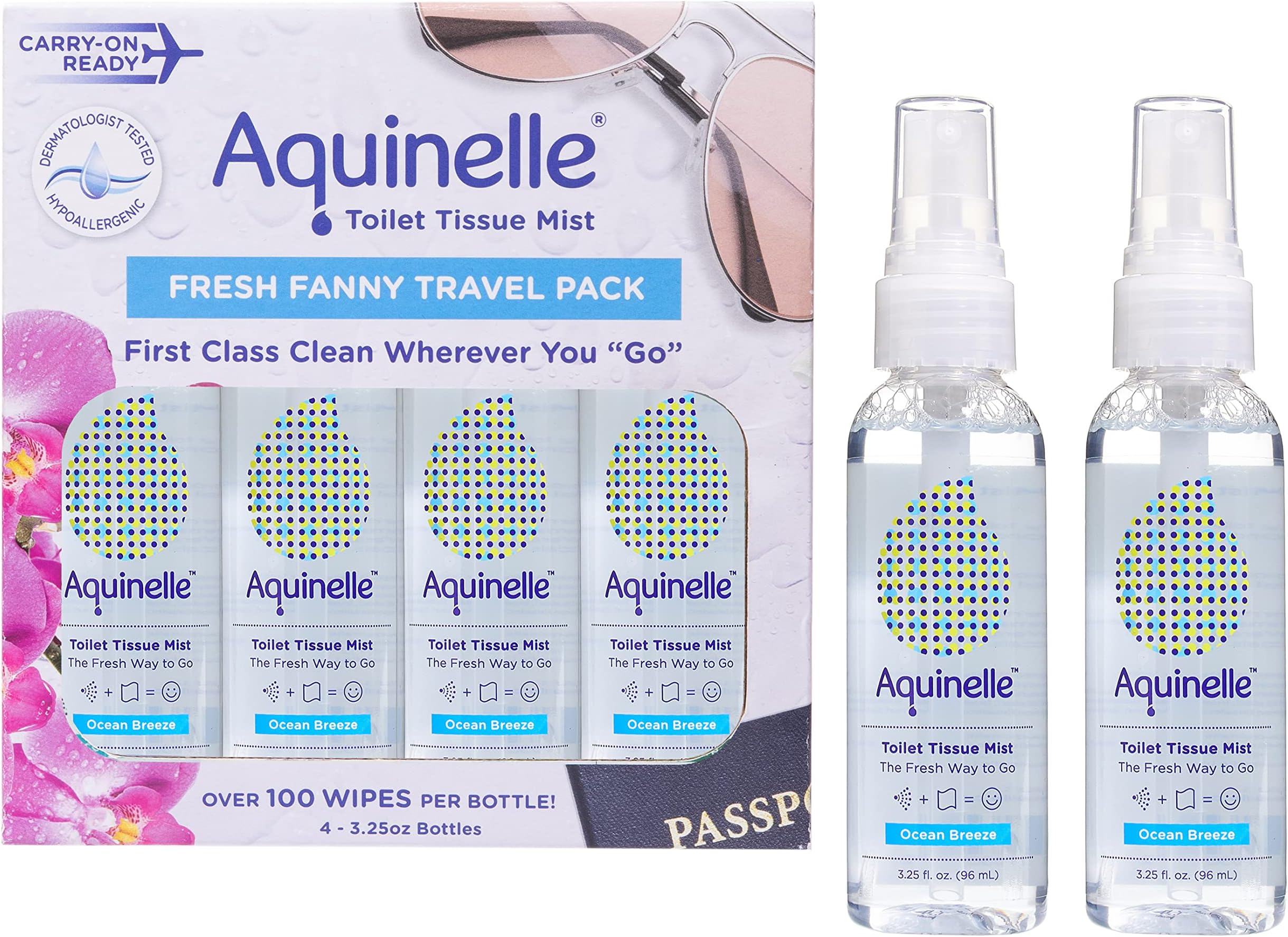 Aquinelle Toilet Tissue Mist - Value Pack of 4 Convenient 3.25oz Bottles - Non-Clogging Alternative to Flushable Wipes - Simply Spray On ANY Folded Toilet Paper