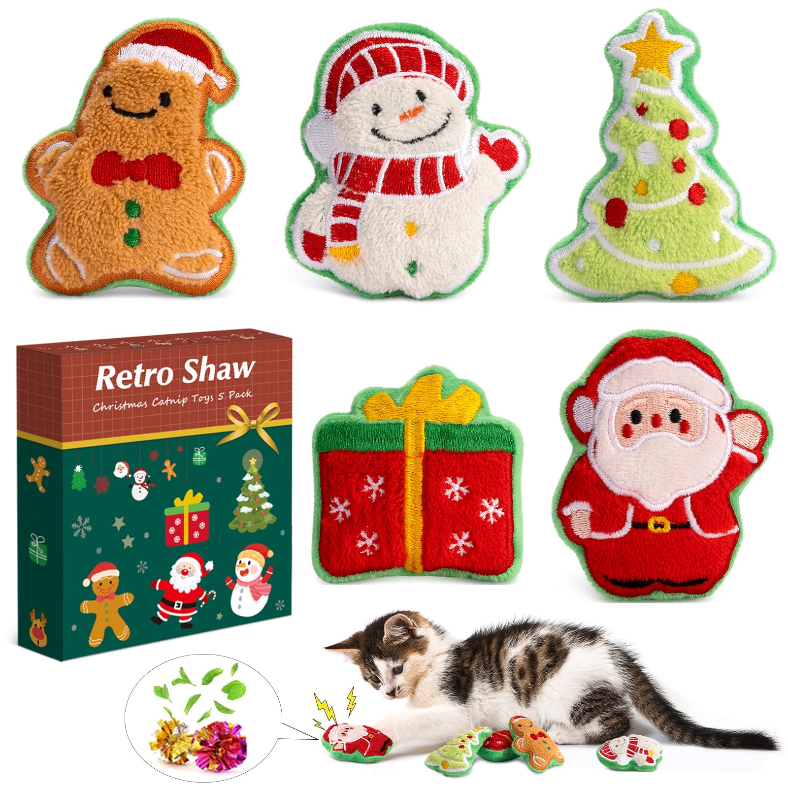 Retro Shaw Christmas Catnip Toys with Crinkle Sound 5 Pack, Cat Toys with Silvervine and Catnip for Christmas, Interactive Cat Chew Toy for Indoor Cats Kittens Kitty