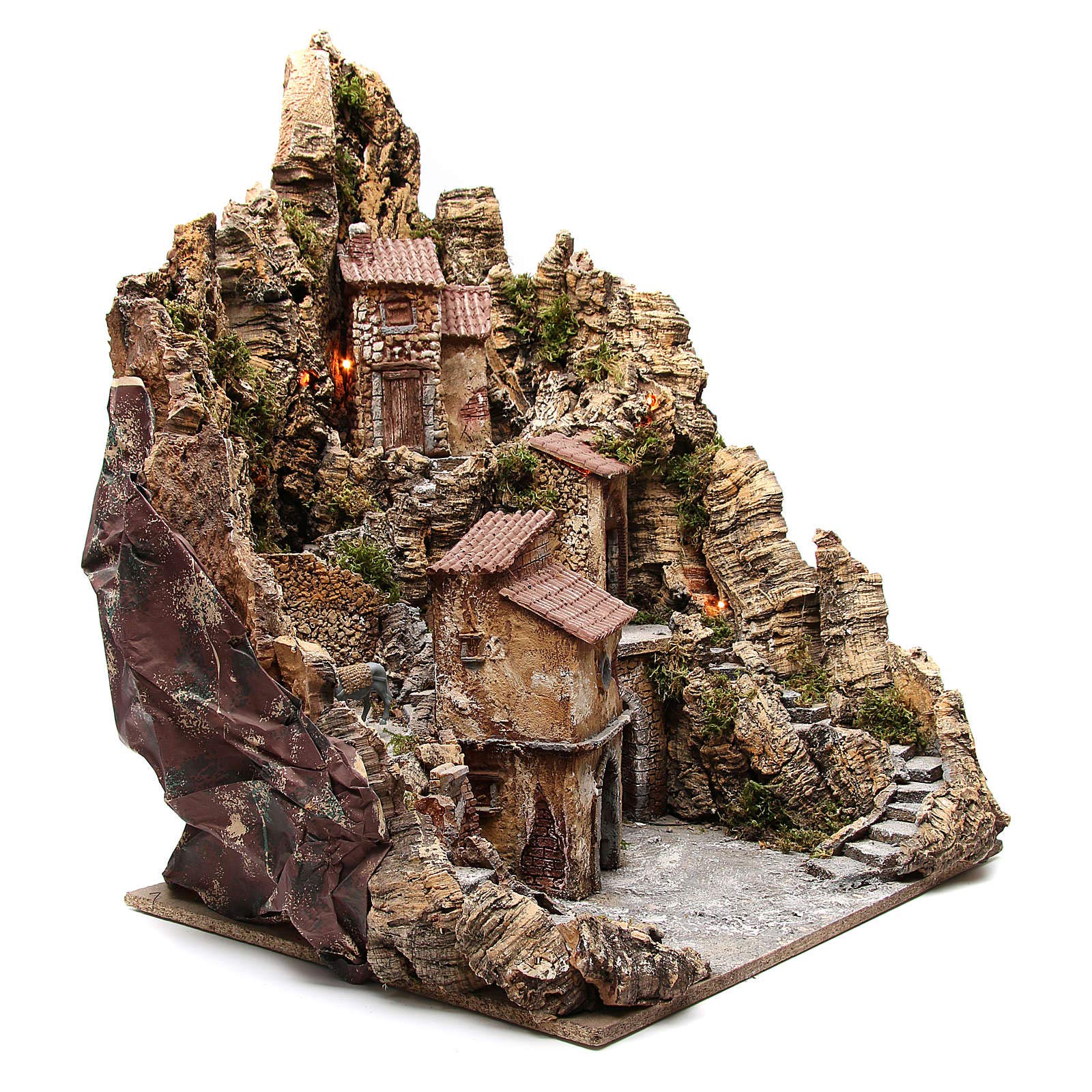 Holyart Presepe Napoletano: Borgo presepe illuminato ruscello con forno 80x62x58 cm