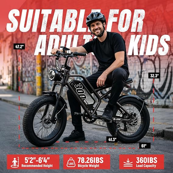 V300 Electric Bike for Adults, 48V 20.8Ah Battery Ebike, 30+MPH & 1500W Peak Motor, 204.0 Fat Tire E-Bike with NFC Lock, 7-Speed & Disc Brakes for Commute, Beach, Snow