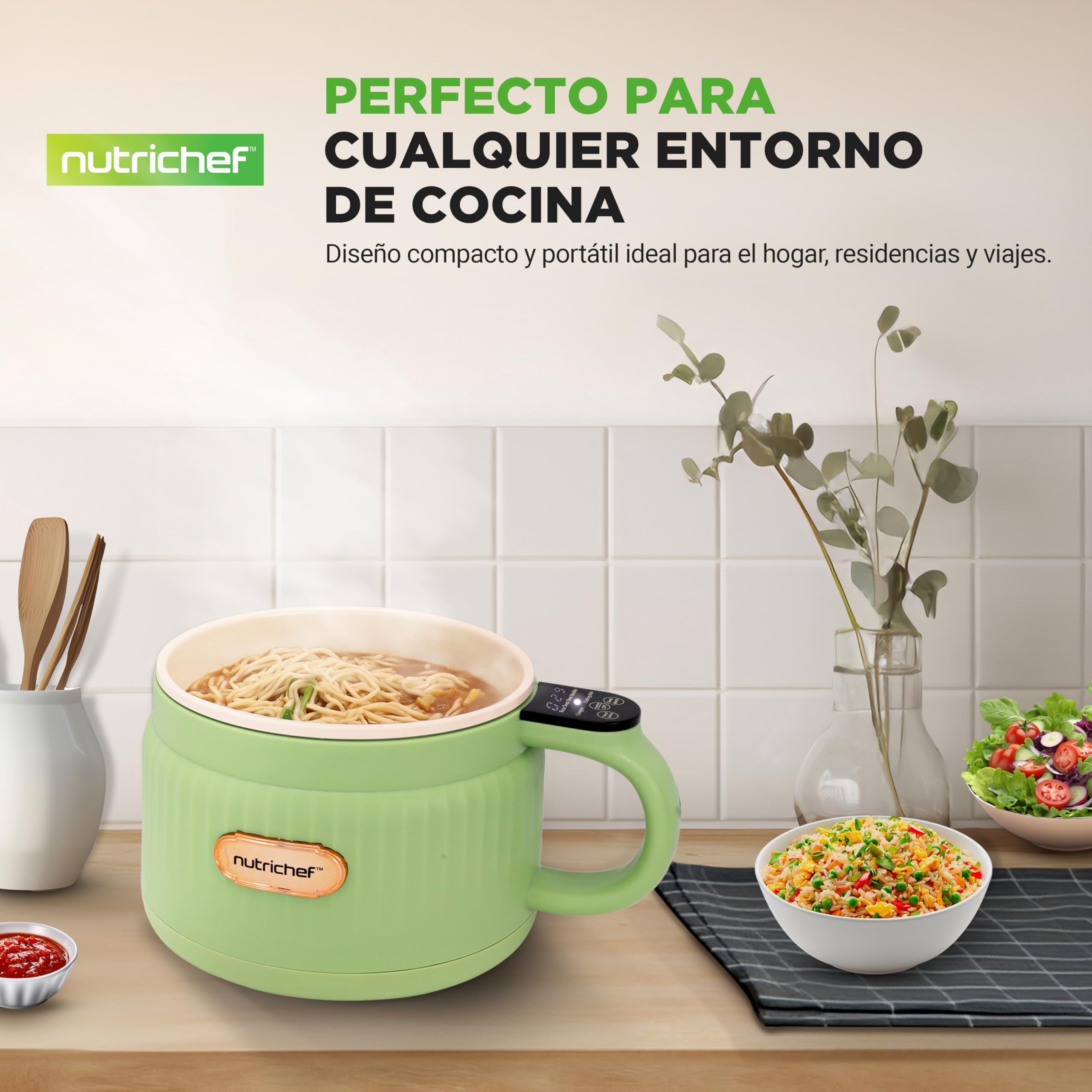 Nutrichef arrocera electrica mini, Rice cooker, Portatil, Preparador de comidas, Recubrimiento ceramico antiadherente, Panel de control digital, 6 funciones de coccion, 1.5L