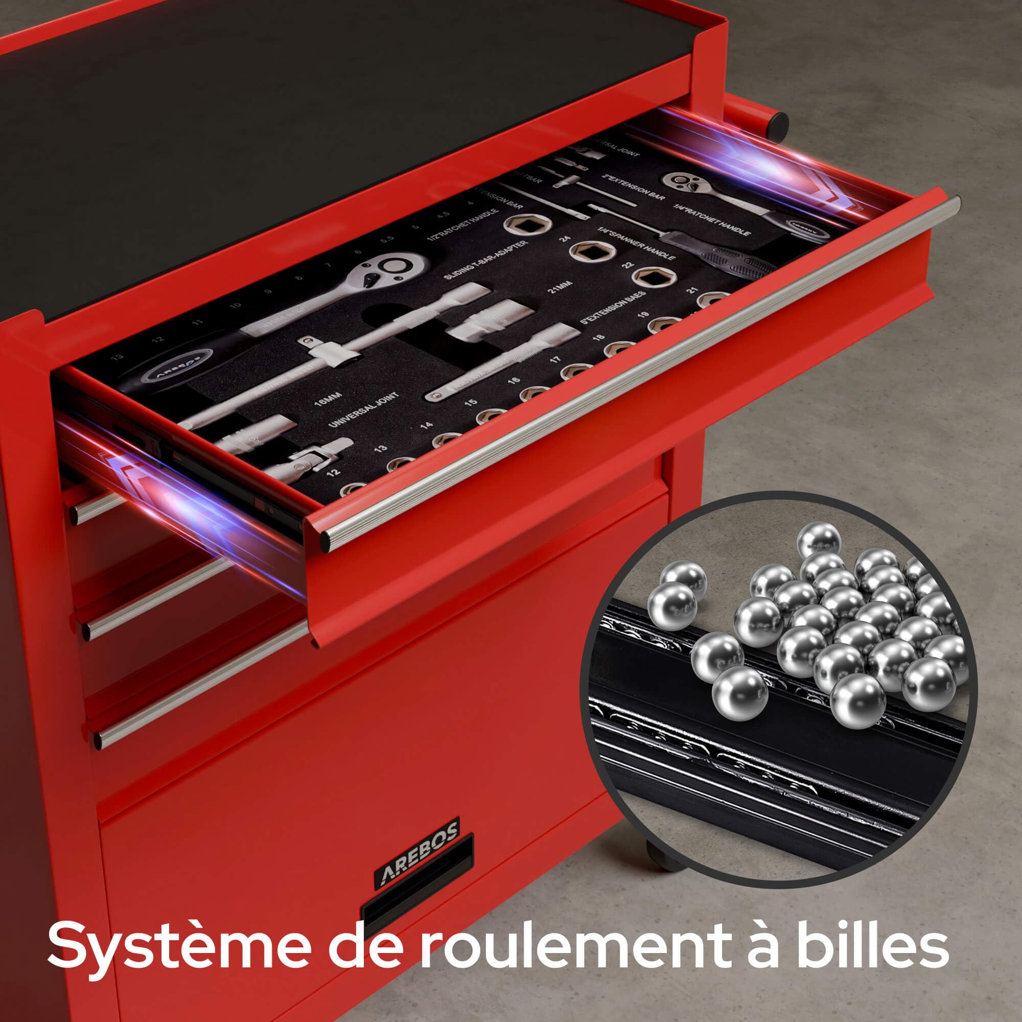 AREBOS Servante d'atelier 4 Compartiments | avec 81 pièces d'outils | Chariot à Outils | équipé | Tapis antidérapants | Interlock | 2 roulettes avec Frein de stationnement | Rouge