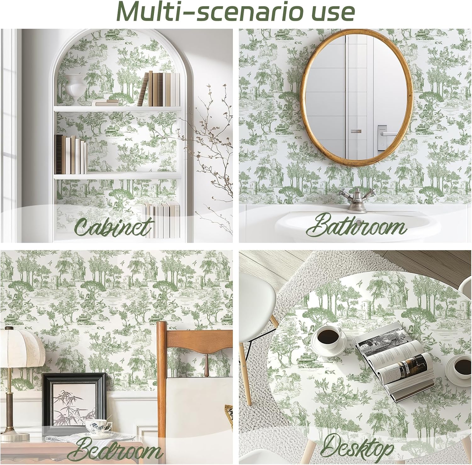 WENMER Toile Wallpaper, 17.7" X 1181" Green and White Peel and Stick Wallpaper, Toile de Jouy Wall Paper, French Vintage Contact Paper for Bedroom, Walls, Backdrop, Cabinet, Home Decor