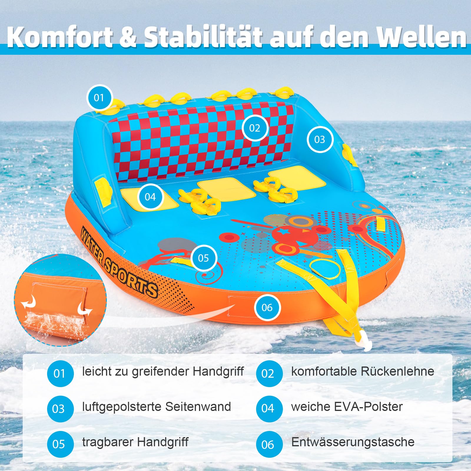 COSTWAY Funtube für 3 Personen, Towable Tube zum Sitzen & Knien, Formula Tube für Boot