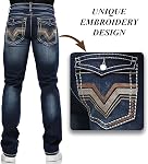 Men's Stretch Denim Jeans Classic Jeans with Embroidered Design, ESDVD Street Style Regular Jeans Relaxed Fit Pants Comfy, Blue, 32 Regular