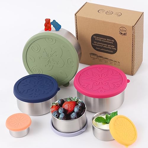 12 piezas  6 recipientes de acero inoxidable + 6 tapas de silicona  Contenedor de aperitivos de acero inoxidable 304  Recipientes anidables para
