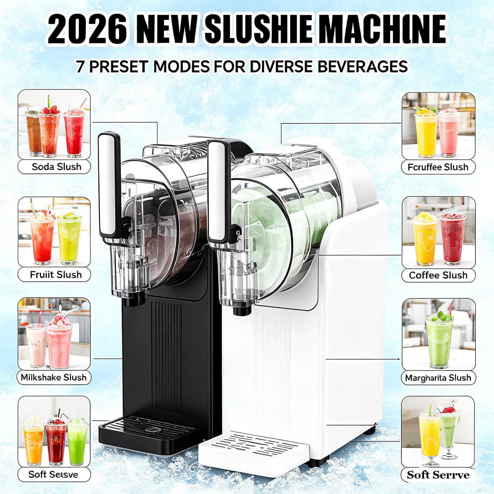 Macchina Professionale 2 in 1 per Gelato Soft e Granite, con Due Serbatoi da 70 oz (2 Litri), Elevata capacità di Produzione di Bevande ghiacciate, Schermo Touch e Funzione Black
