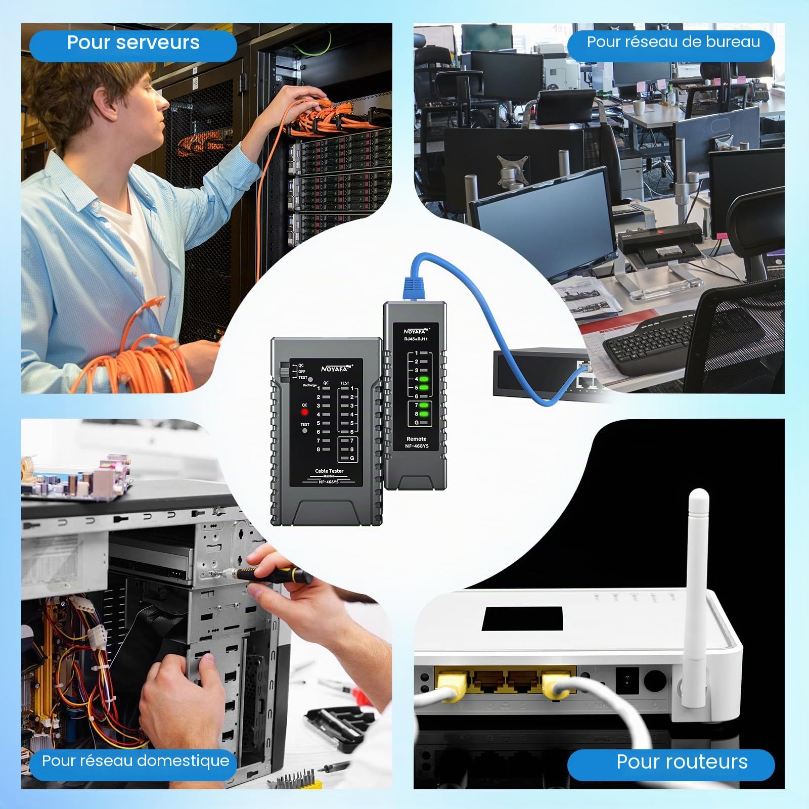 NOYAFA NF-468YS Testeur de câble réseau, testeur de câble Ethernet pour RJ11, RJ12, RJ45, CAT5, CAT6, CAT7, testeur de continuité, test PoE, vérificateur de câble UTP/STP, outil réseau LAN