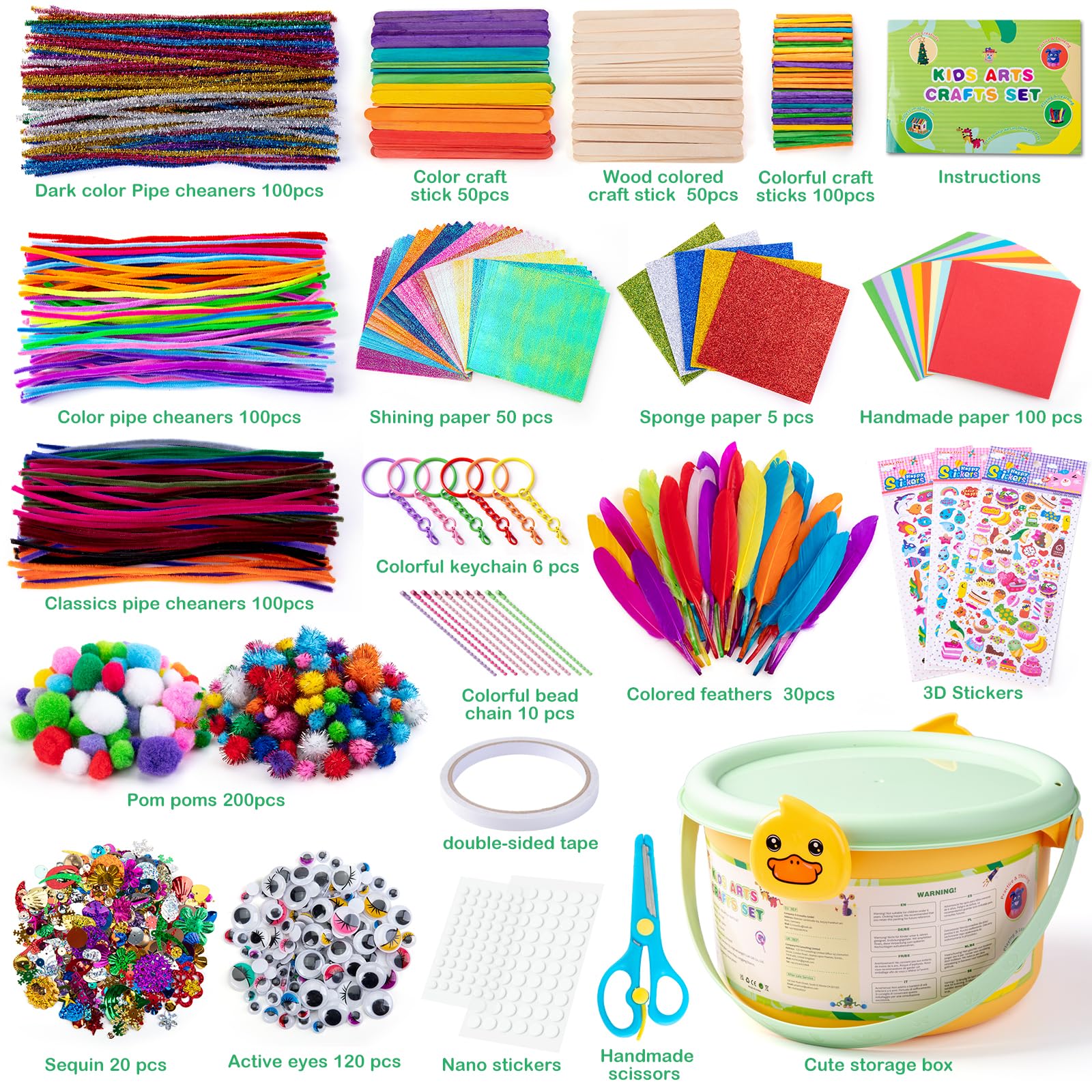 Sundaymot 5000 Caja Manualidades Niños, DIY Art Supplies Kit de Manualidades con Pipe Cleaners, Pompoms, Wiggle Eyes y Craft Sticks Colores, Creativo Regalo Kit Manualidades Juego para Niñas 3+ Años