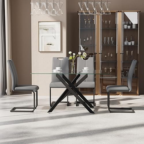 Miniatura 17 de Juego de mesa de comedor de 7 piezas para 6, mesa rectangular moderna de cristal con 6 sillas tapizadas de cuero, juegos de mesa y sillas de comedor