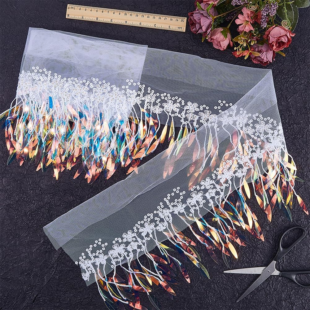 GORGECRAFT 2 Yards x 11.4" Sequins Lace Trim White Polyester Tassel Fringe Bling Beaded Metallic Looped Sequin Embroidered Ribbon Fabric Mesh Arrow Trims for Sewing Clothing Dress Crafts Decorations