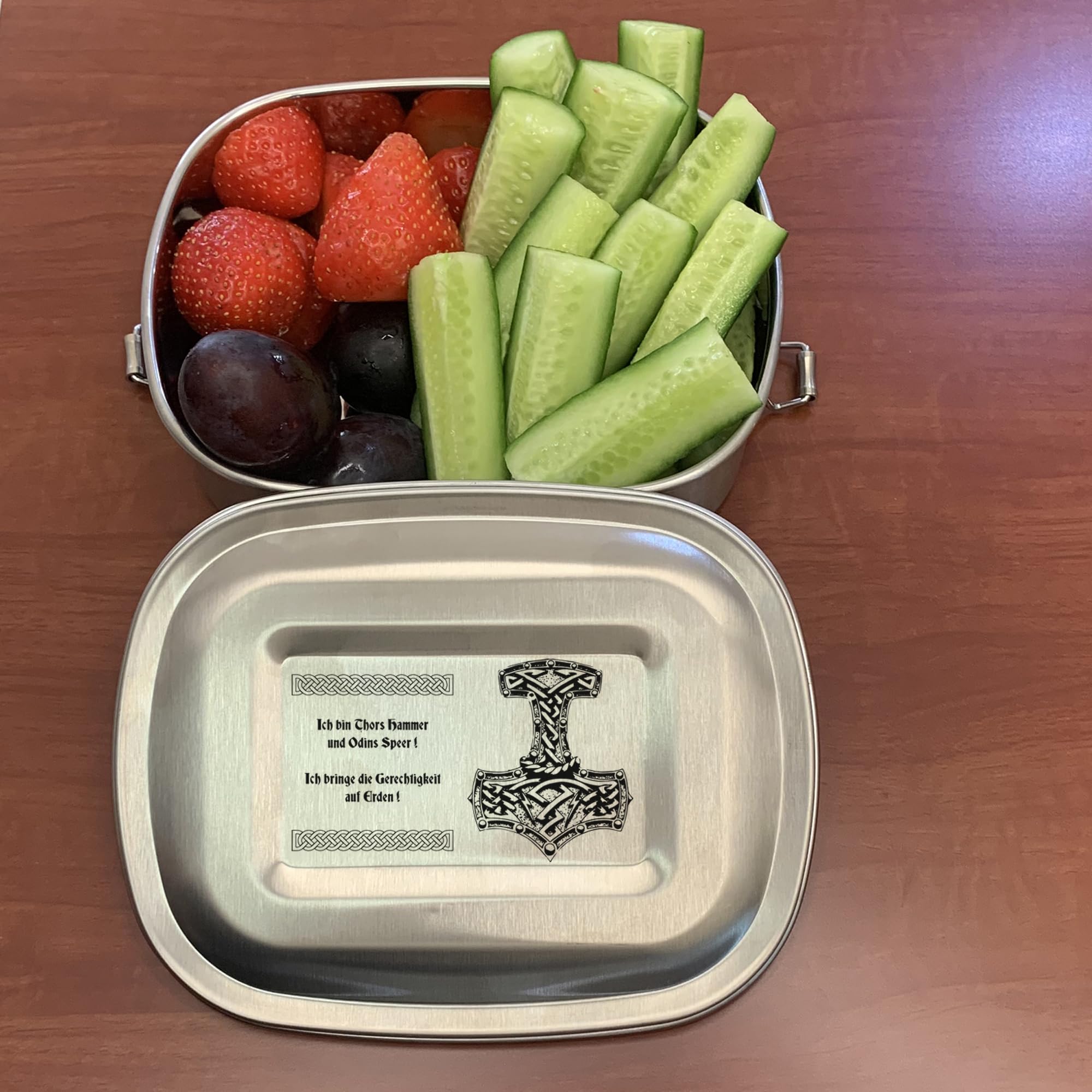 Edelstahl Brotdose Lunchbox mit Gravur Thors Hammer Mjölnir personalisiert mit Wunschgravur Name Wunschtext 3 Größen zur Auswahl Wikinger (Lunchbox Thors Hammer Set (kleine und große Dose))