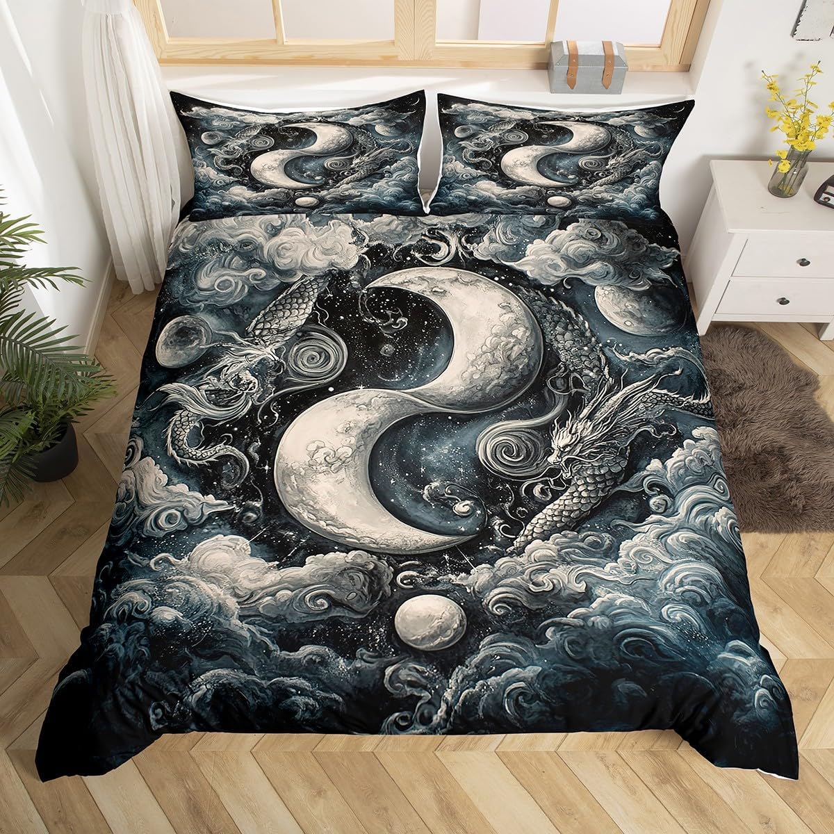 Erosebridal Black Dragon Tai Chi Comforter Cover - Premium Dragon Animals Bedding Set,Auspicious Clouds Bagua Symbol Bed Cover,Chinese Imperial Style Bed Set for Boys Adults Toddler
