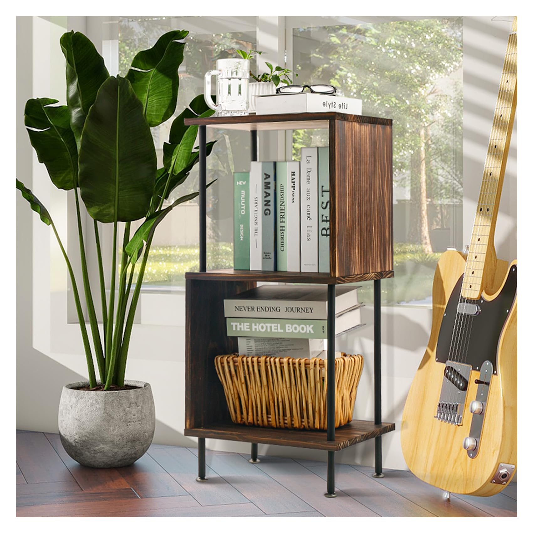 Photo 1 of Fumingpal Geometric Bookcase - 3 Tier Rustic End Table Wooden S-Shaped Size Table Nightstand Small Bookshelf for Small Spaces for Living Room Bedroom Home Office 3-Layer Bookshelf