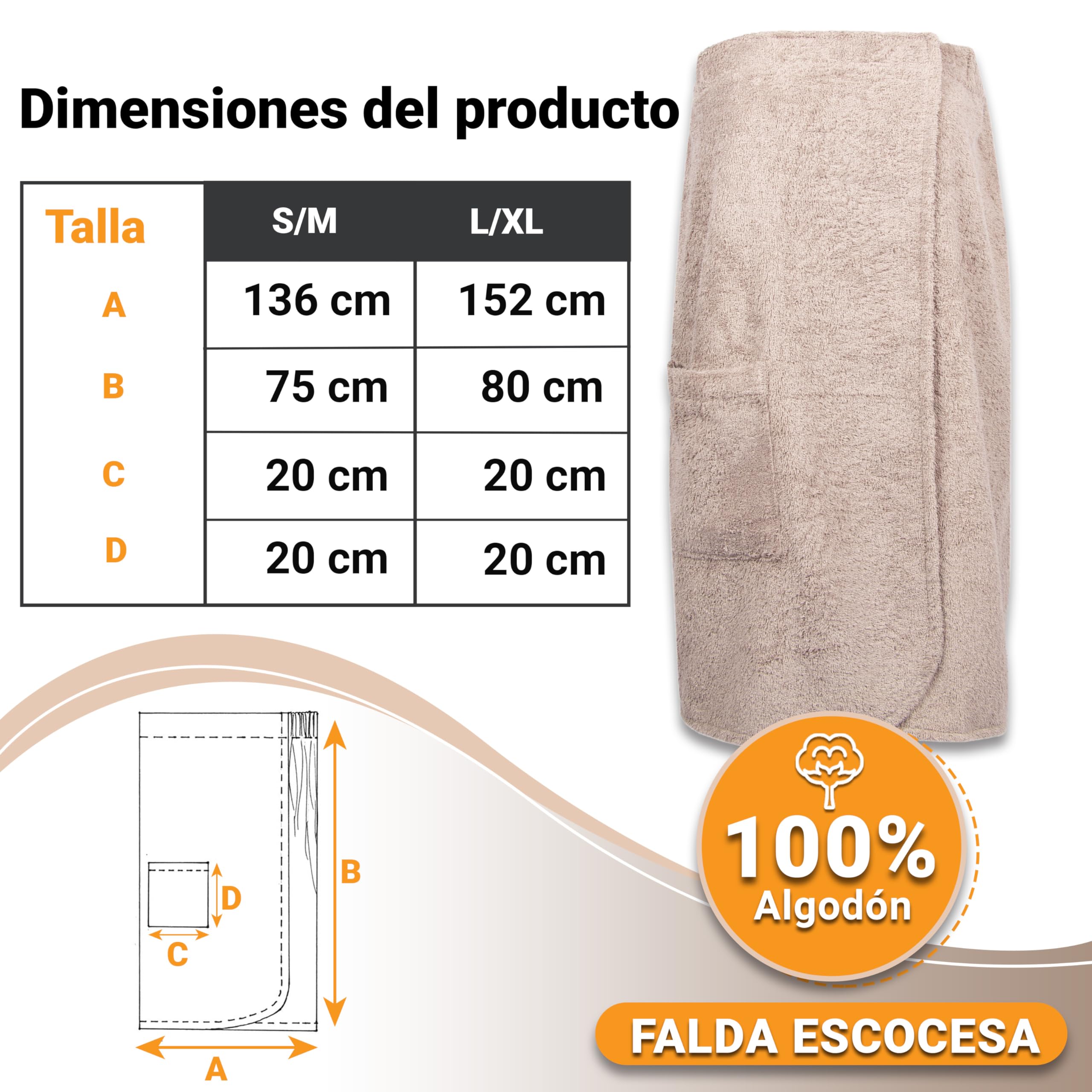 ZOLLNER Falda escocesa para sauna hombre - agradable a la piel y muy absorbente - algodón - con cintura elástica y fermeture à scratch - certificado Oeko Tex®, 197