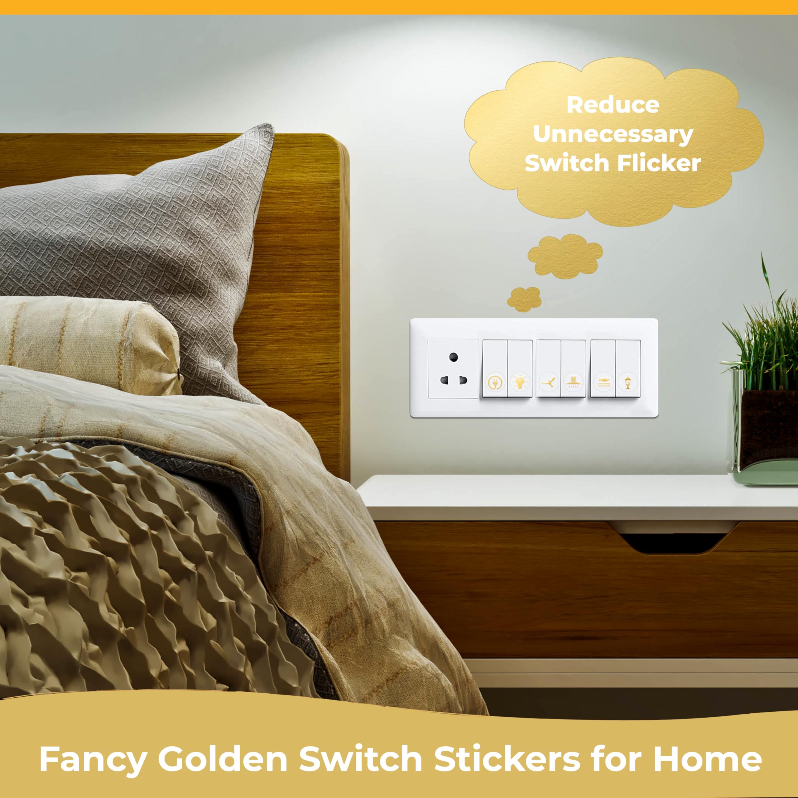 Flybuyhub Gold Switch Stickers for Switch Board | Golden Embossed Pack of 330 Stickers for Home Including Fan, Light and Many More 3