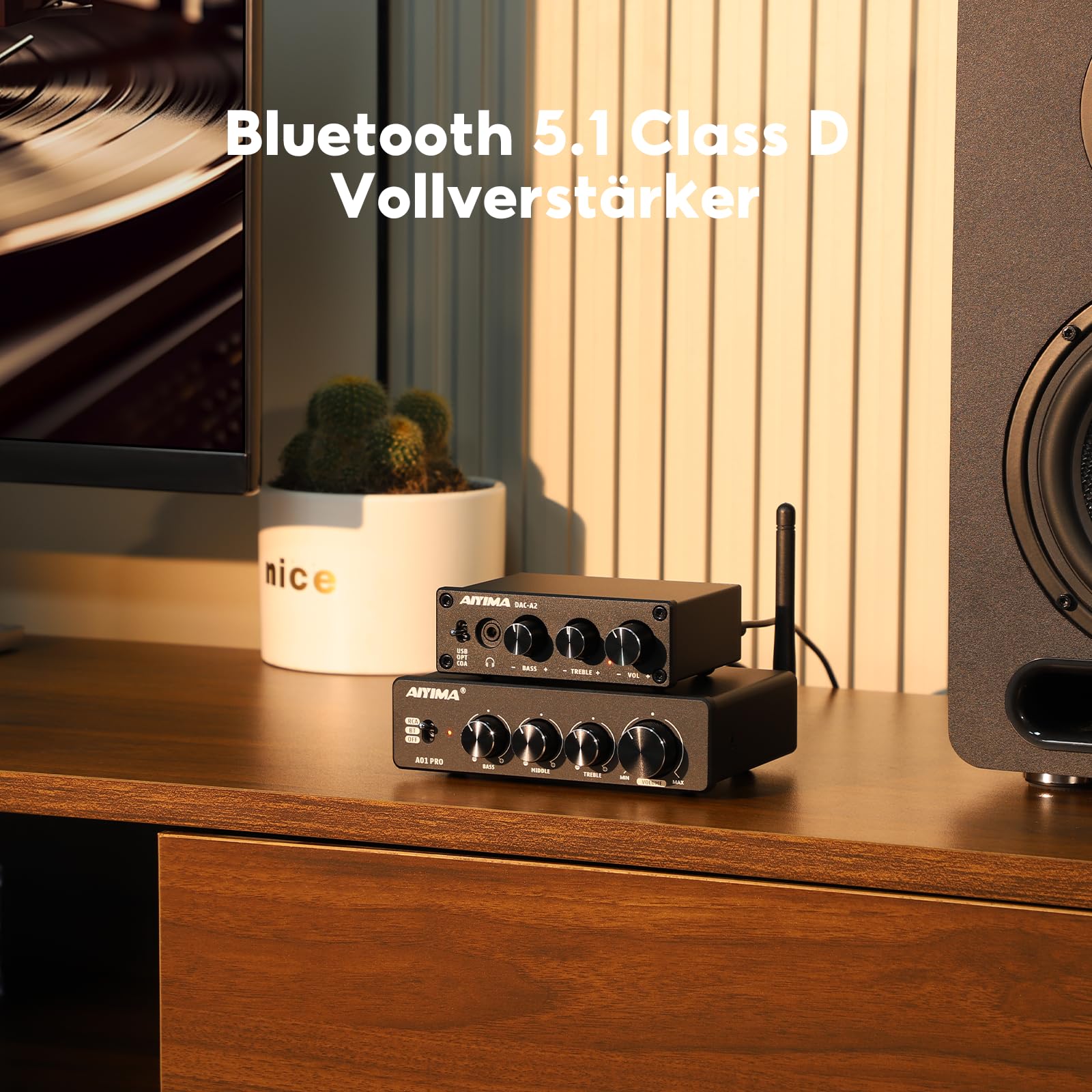 AIYIMA A01 PRO TPA3116 100W x2 Bluetooth 5.1 Hifi-Stereo-Desktop-Verstärker | 2.1-Kanal-Class-D-Verstärker,Höhen-/Mitten-/Bassregelung,QCC3034 aptX,3,5-mm-AUX-Ausgang für passive Heimkino-Lautsprecher