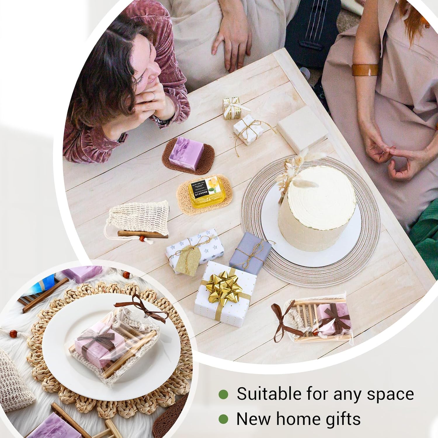 72 Pcs Soap Saver Set Including Wooden Dish Exfoliating Bag Saver Pads Bulk with 100 OPP Transparent Bags 2 Bundles Paper Ropes for Bar Wedding Shower Homemade Gift(Classic Color)