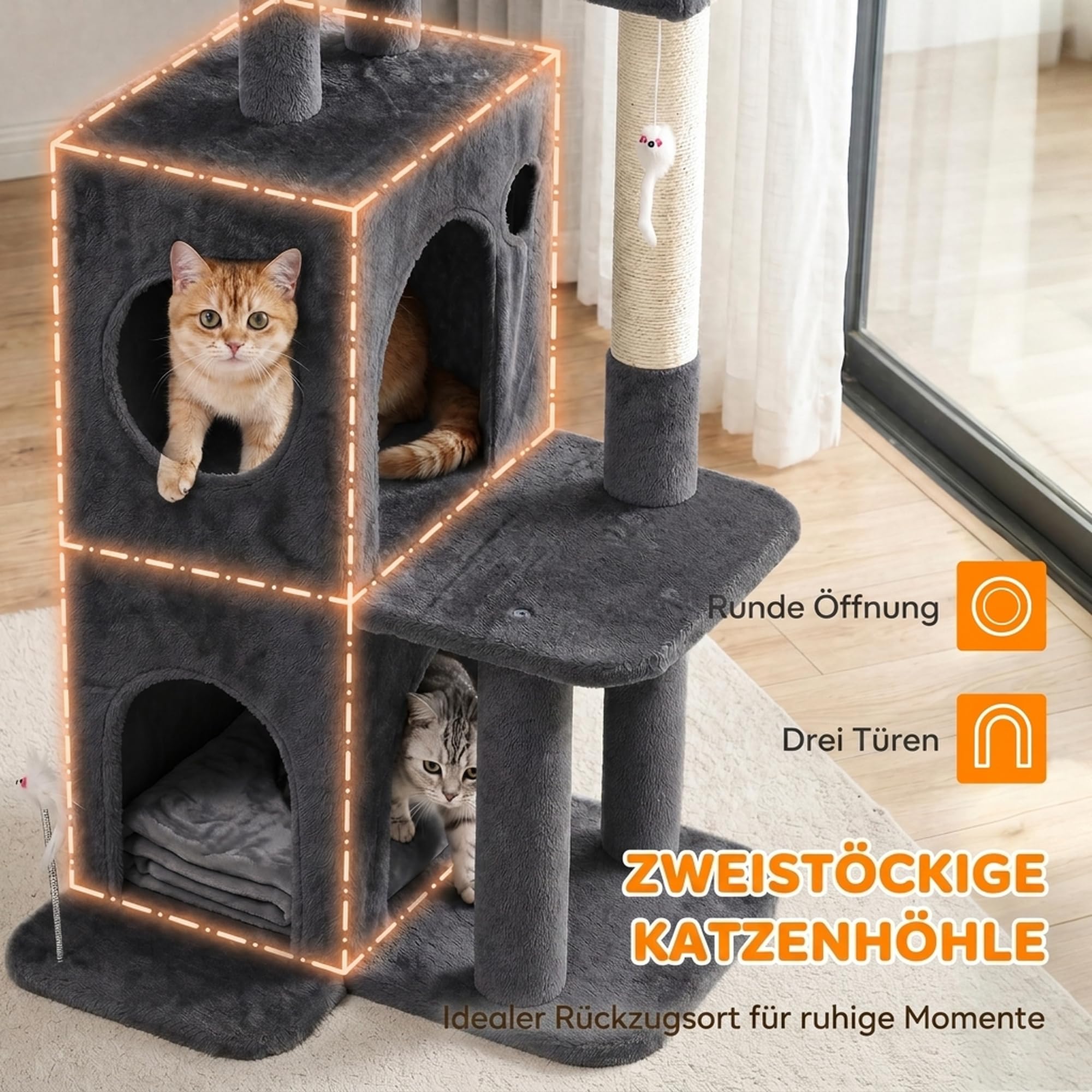 PawHut Kratzbaum 132 cm Katzenturm Höhle für mittelgroße Katzen Dunkelgrau