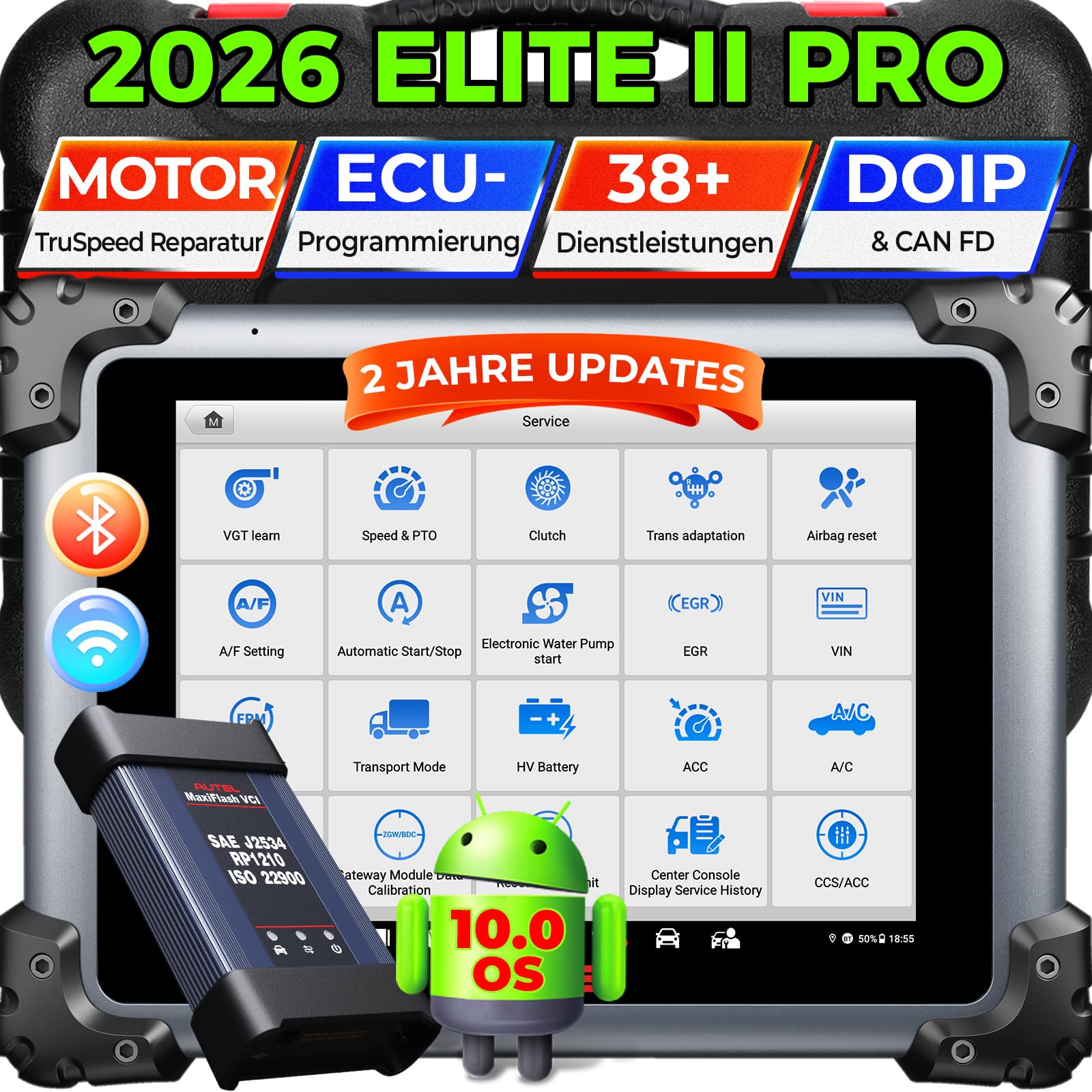 Autel MaxiSYS Elite II PRO OBD2 Diagnosegerät: 2 Jahre Update[€2590] KFZ Diagnosegerät Auto, J2534 ECU Programmierung & Codierung, Upgraded MS908S Pro II MK908P, 40+ Dienst, 3K+ Aktive Tests, FCA SGW