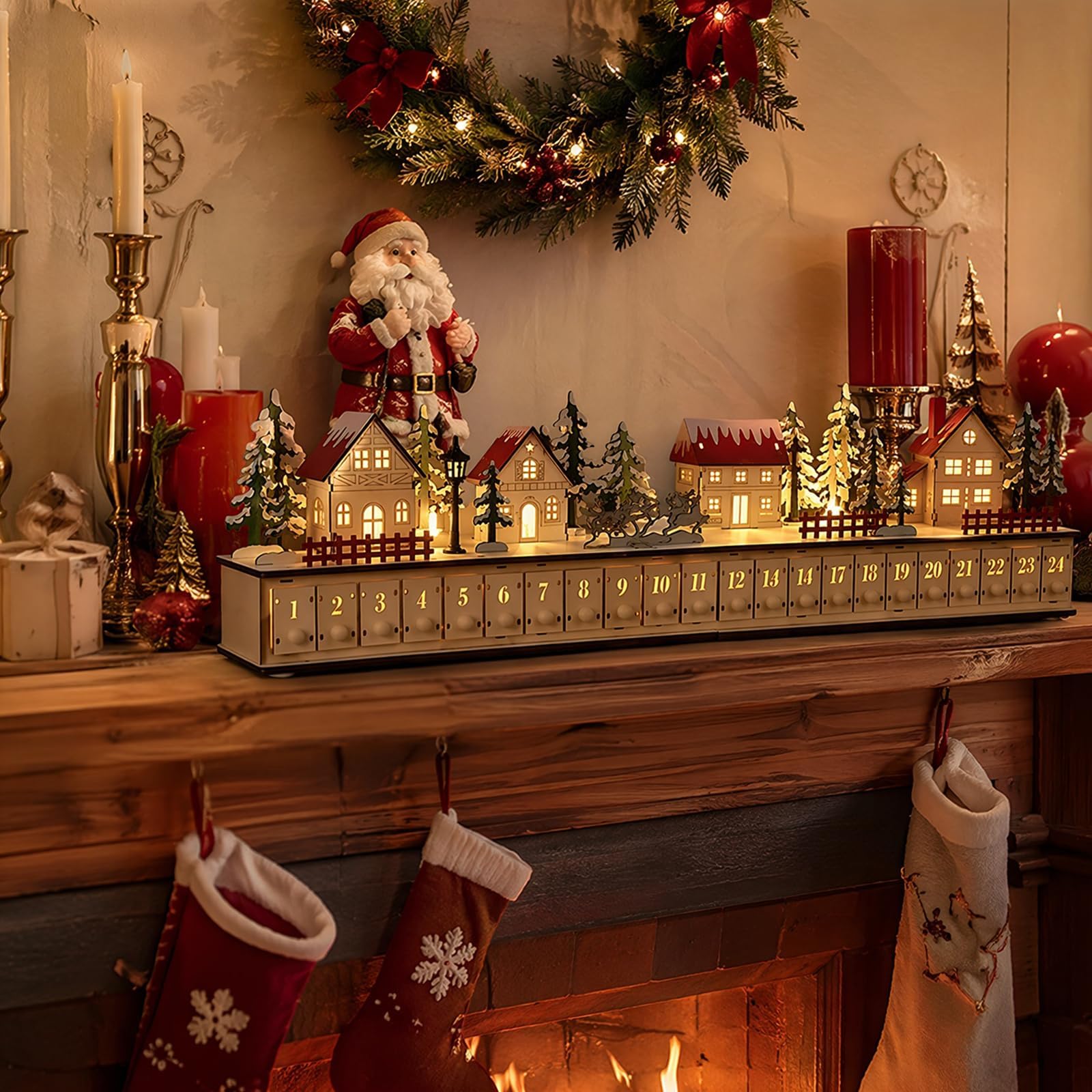 24 Tage Weihnachtsdorf Adventskalender, Weihnachtsdorf Mit Beleuchtung, Adventskalender Zum BefüLlen, Weihnachtsdeko Holzmaterial, Wiederverwendbar, FüR Kamine, Fenster, Esstische Und Wohnzimmer.、A