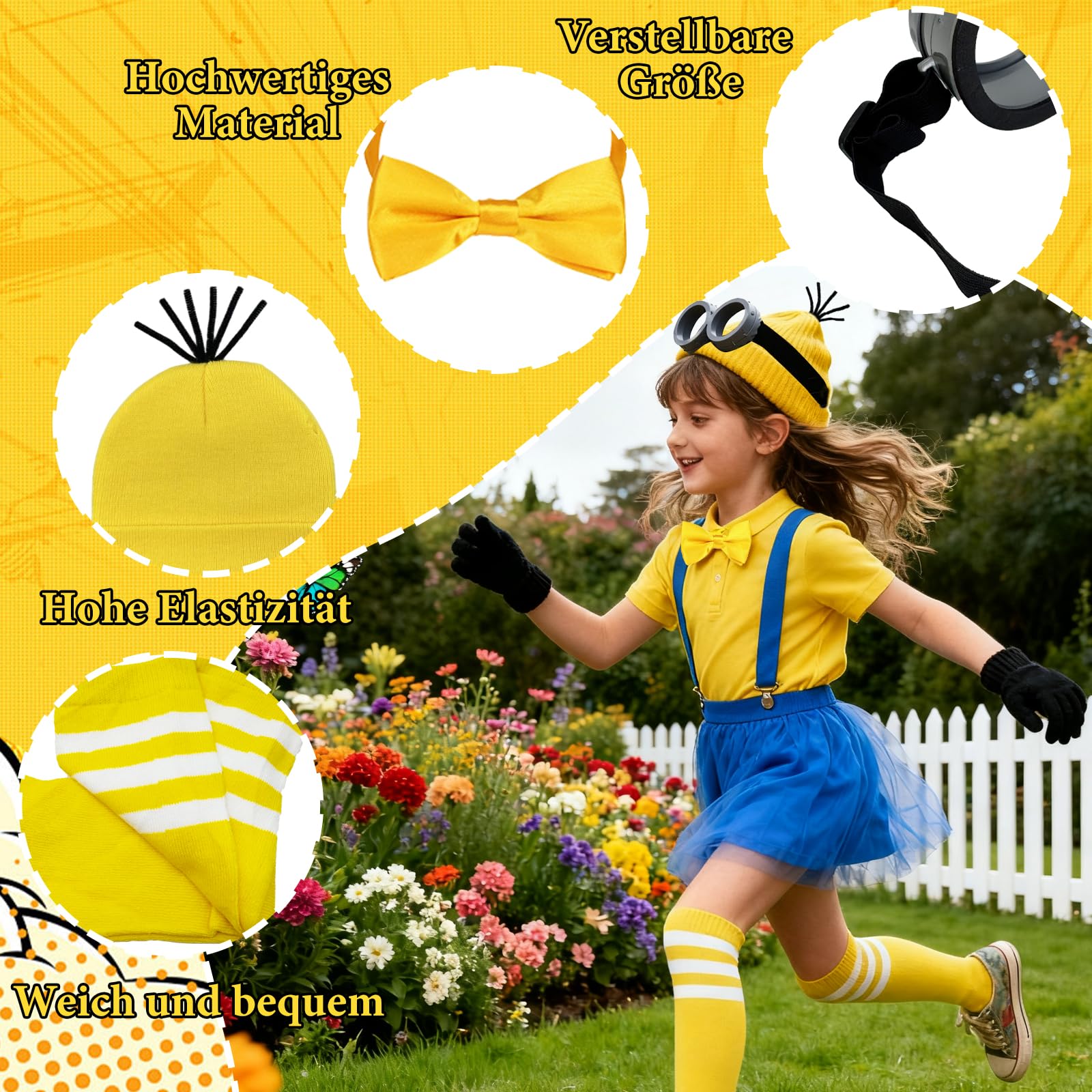 YAEGIMHT Yellow Costume Set for Children, Glasses, Gloves, Adjustable Straps, Yellow Hat, Bow Tie, Socks, Buttons - Image 3