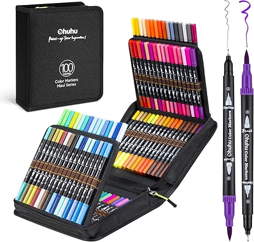 Ohuhu Markers for Adult Coloring Books Coloring Markers Dual Tips Fine & Brush Drawing Pens Water-Based Art Markers for Kids Adults Sketch Bullet