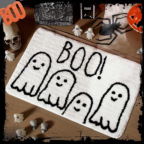 Miniatura 5 de Tinideya Alfombra de baño de Halloween, tapete de baño fantasma, tapete de baño espeluznante para decoración de baño de Halloween, 20 x 32 pulgadas,