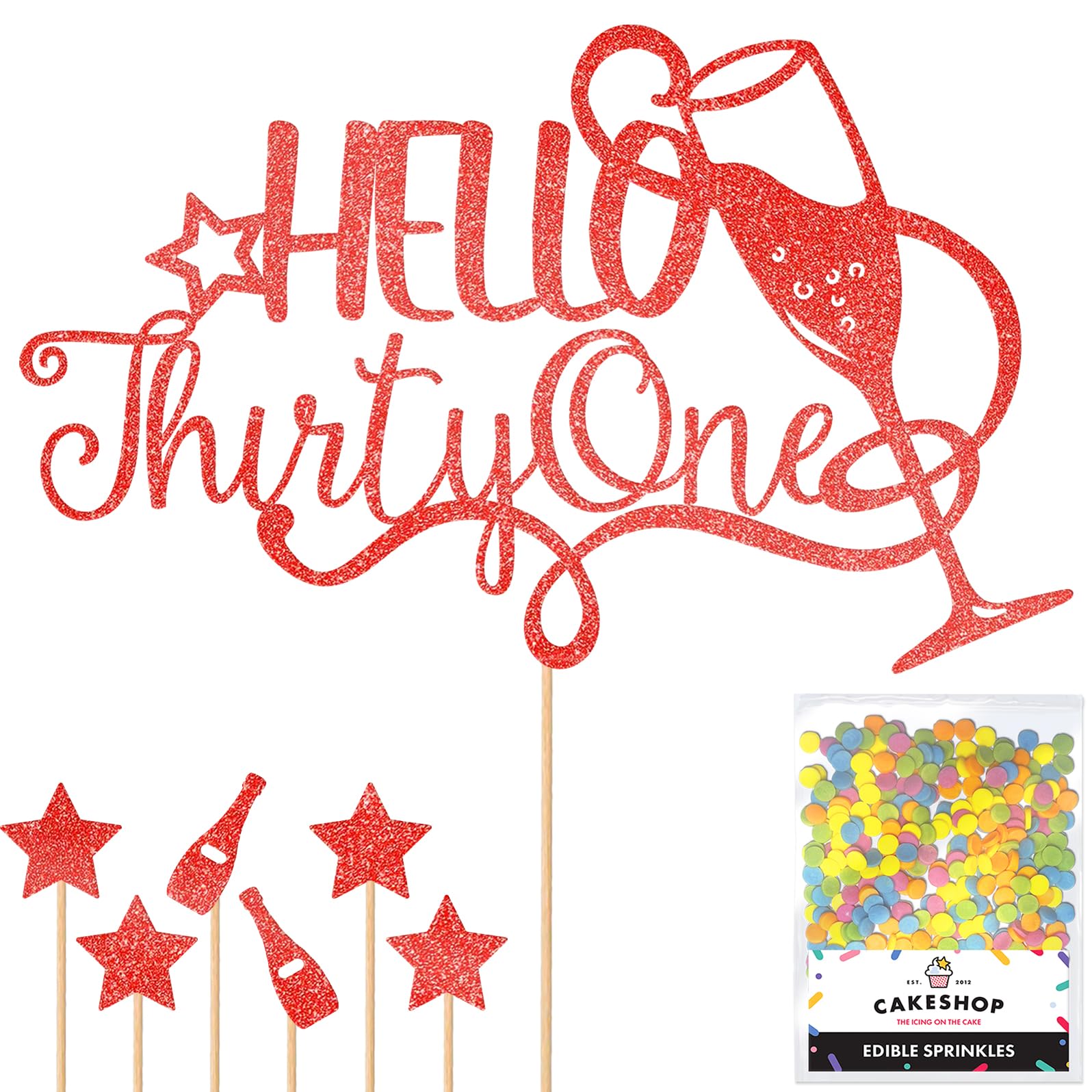 Personalised Champagne/Prosecco Flutes Glitter Cake Topper - Red Custom Age Glitter Cake Decoration and Sprinkles - Happy Birthday Decorations - Personalised Toppers for Cakes by Cakeshop