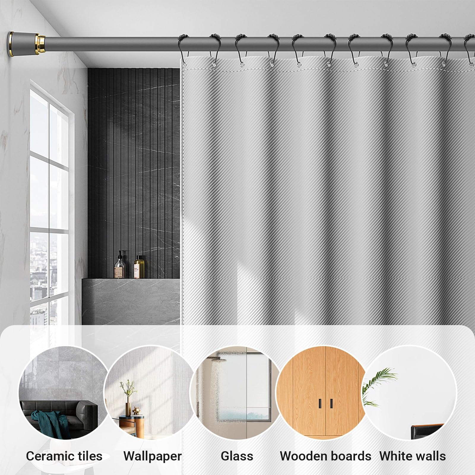 Barra de cortina de ducha extensible, barra de sujeción sin taladrar para armario, baño, balcón, ajustable de 43 a 193 pulgadas
