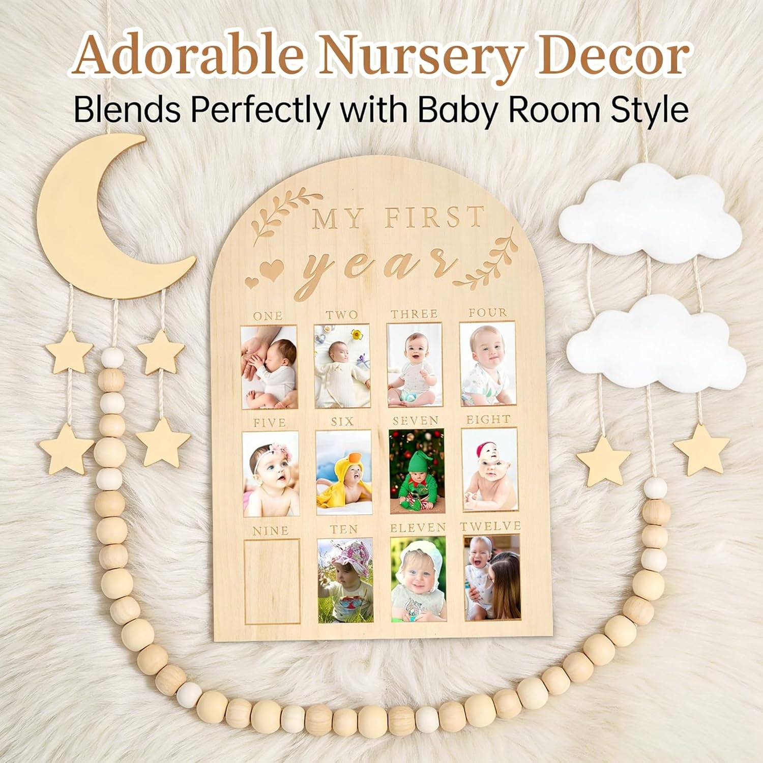 Baby First Year Photo Board, Natural Wood, 16x12 Inches, Monthly Photo Display, Modern Farmhouse Style, Arch Shape, Tabletop Frame, Baby Photo Display, 12 Photo Slots
