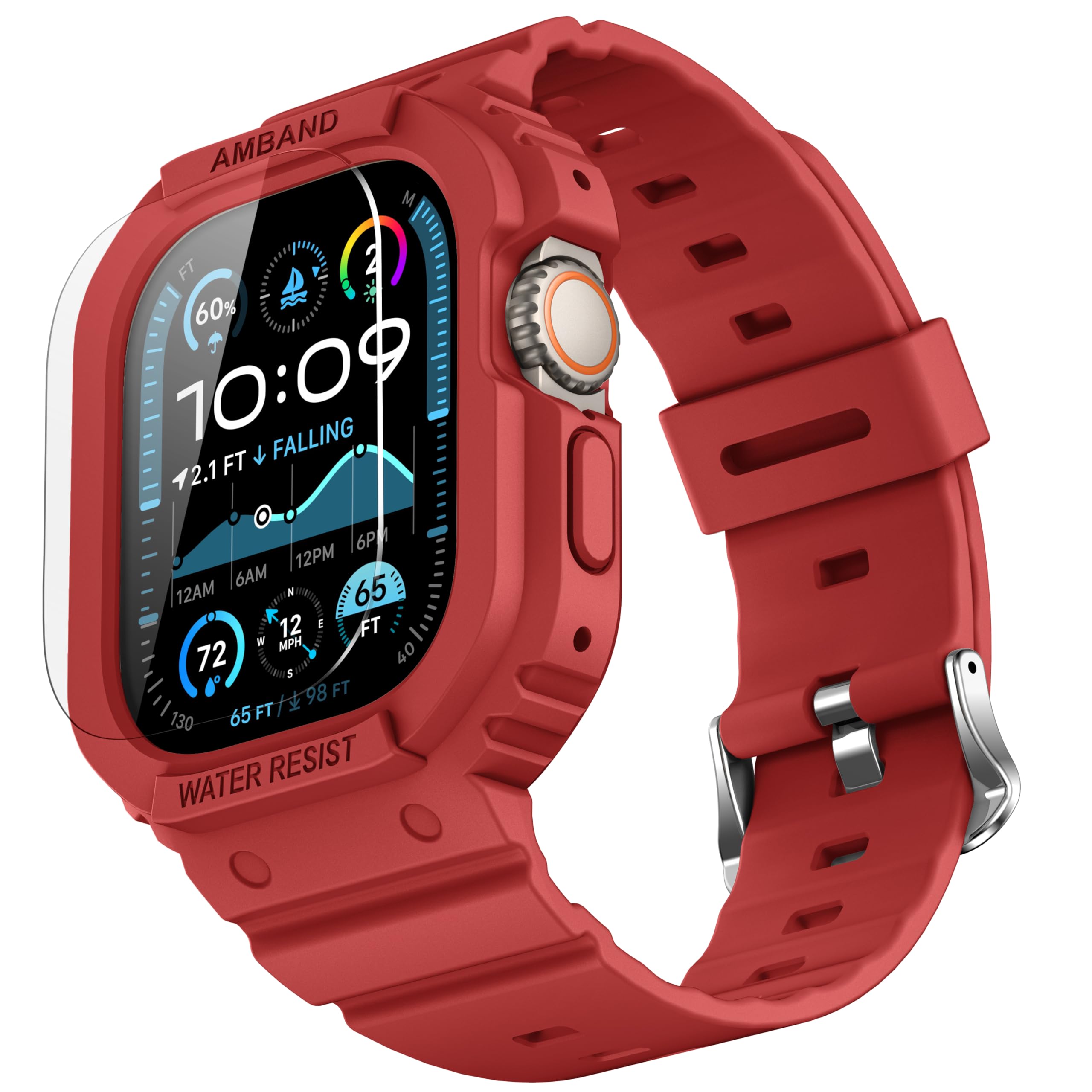 amBand Rugged Band &amp; Case Compatible with Apple Watch Ultra 4/3/2/1 49mm, Military Protective Bumper Cover &amp; Soft Strap, with Screen Protector Kit, Compatible with iWatch Ultra, Red – for Men Women