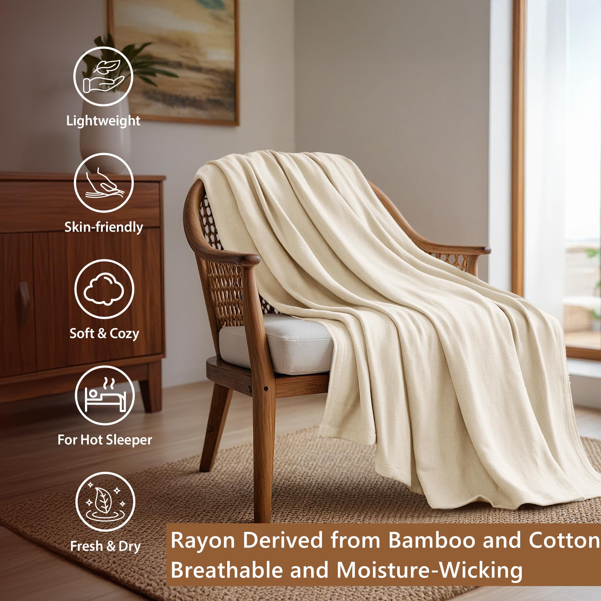Twin Size Blanket, 70% Rayon (Derived from Bamboo) and 30% Cotton, Lightweight Jacquard Weave, Breathable and Soft Summer Blanket for Bed or Couch, 66” x 90”, Ivory