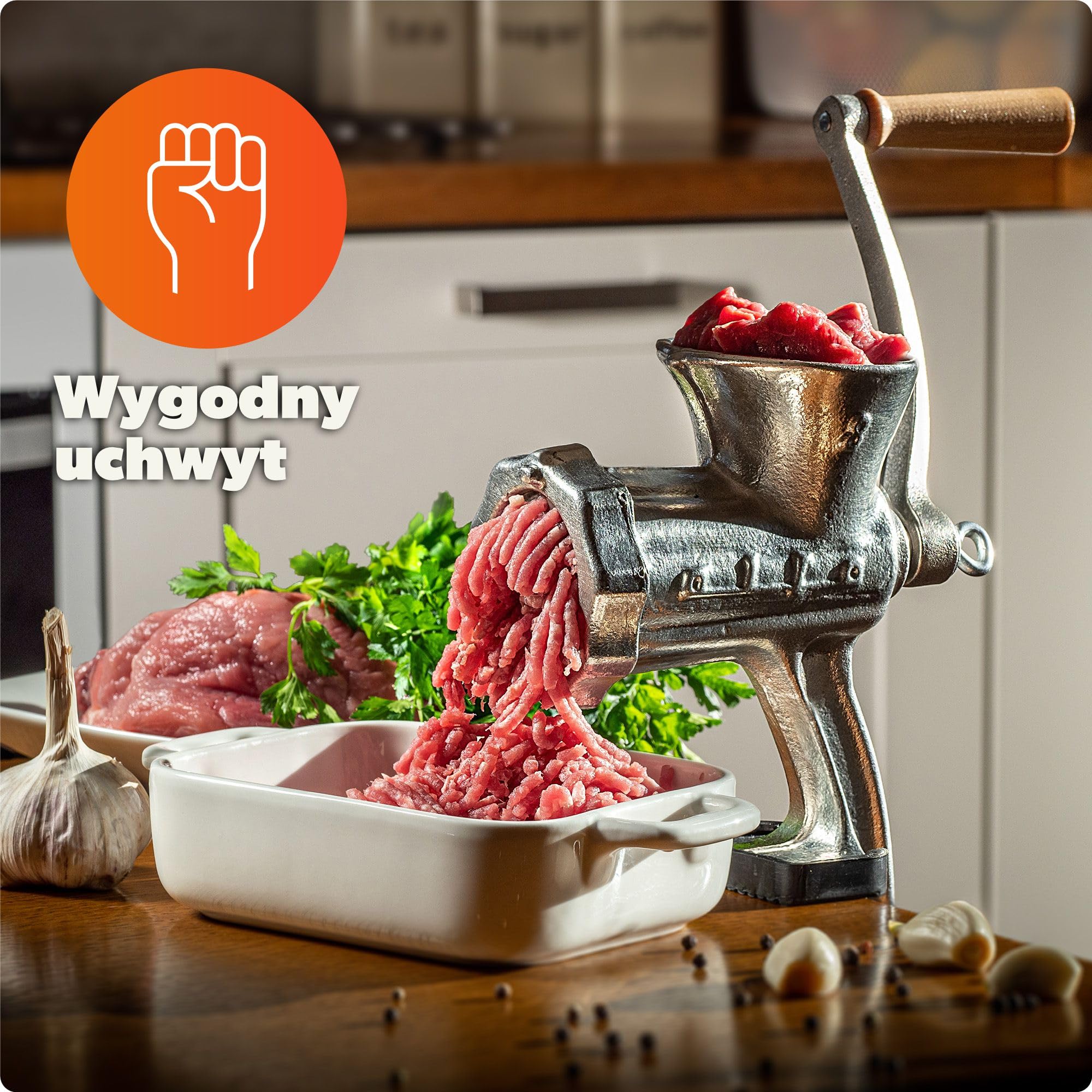 KADAX Ręczna maszynka do mięsa, żeliwna maszynka do mięsa, ze stalową tarczą tnącą i drewnianym uchwytem, wielofunkcyjny młynek ręczny (rozmiar 8)