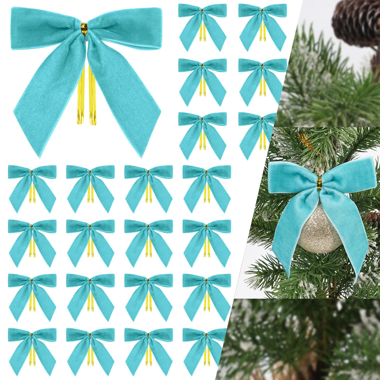 Blue Velvet Bows for Christmas Tree, 24 PCS Velvet Ribbon Bow Ornaments for Xmas Tree, Small Teal Christmas Bows Decorations for Wreaths, Garland, Gift Wrapping, Holiday - 1'' Wide, 3.5 × 3.5 inch