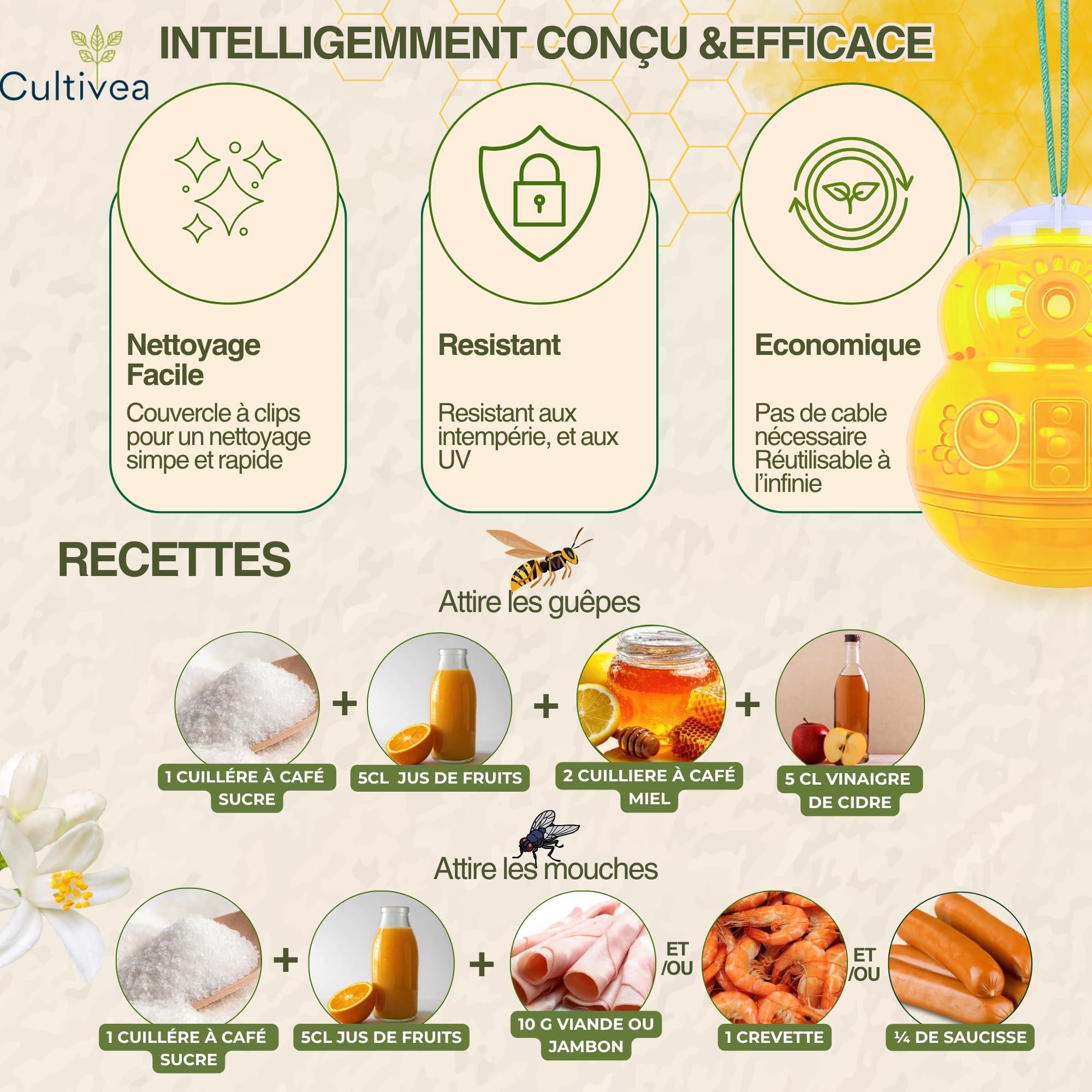 Cultivea- Lot 2 Piège à Guêpes et Frelons Extérieur Réutilisable – Attrape Guêpe Naturel sans Danger pour Abeilles – Double Système d’Attraction – Piège à Frelons Asiatiques Efficace (Jaune)
