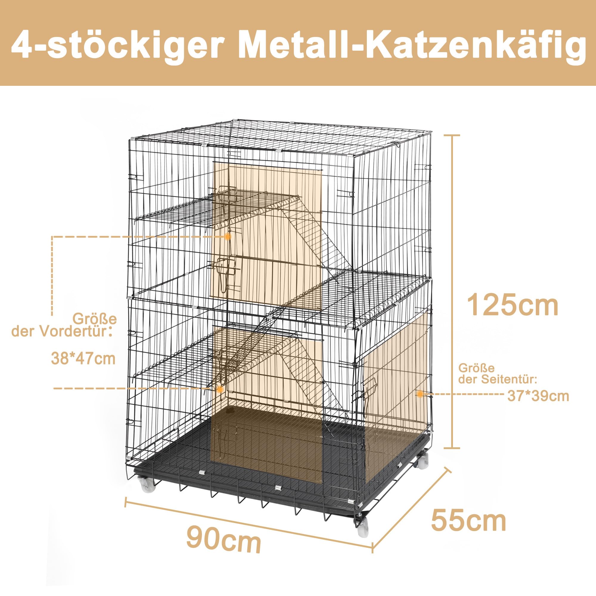 Jaula grande para gatos con 4 niveles, plegable con 360 ruedas giratorias, rampa de escalera, balcón, interior, exterior, jaula de metal para 1-3 gatos, 90 x 55 x 125 cm